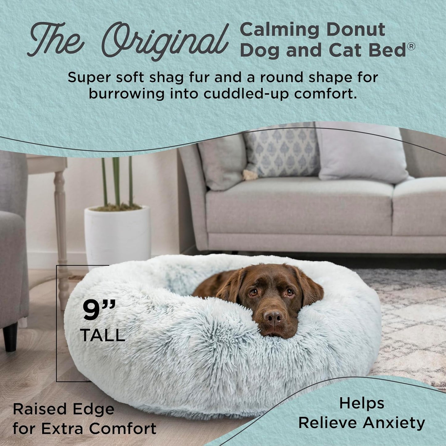 Best Friends by Sheri Original Calming Donut Dog and Cat Bed, Shag Faux Fur, Frost Gray, (36in x 36in) - Anxiety Relief for Pets Up to 100 lbs