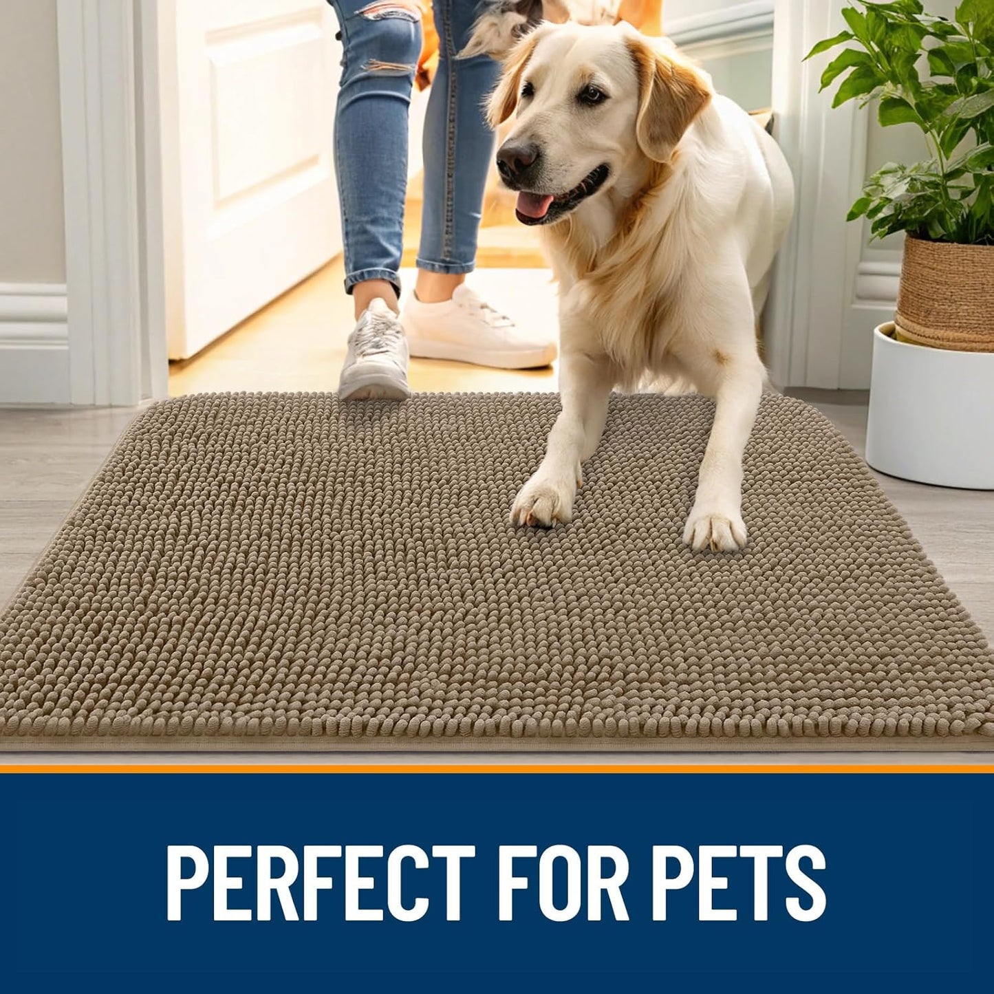 OLANLY Dog Door Mat for Muddy Paws 47x20, Absorbs Moisture and Dirt, Absorbent Non-Slip Washable Doormat, Quick Dry Chenille Mud Mat for Dogs, Entry Indoor Entryway Carpet for Inside Floor, Tan