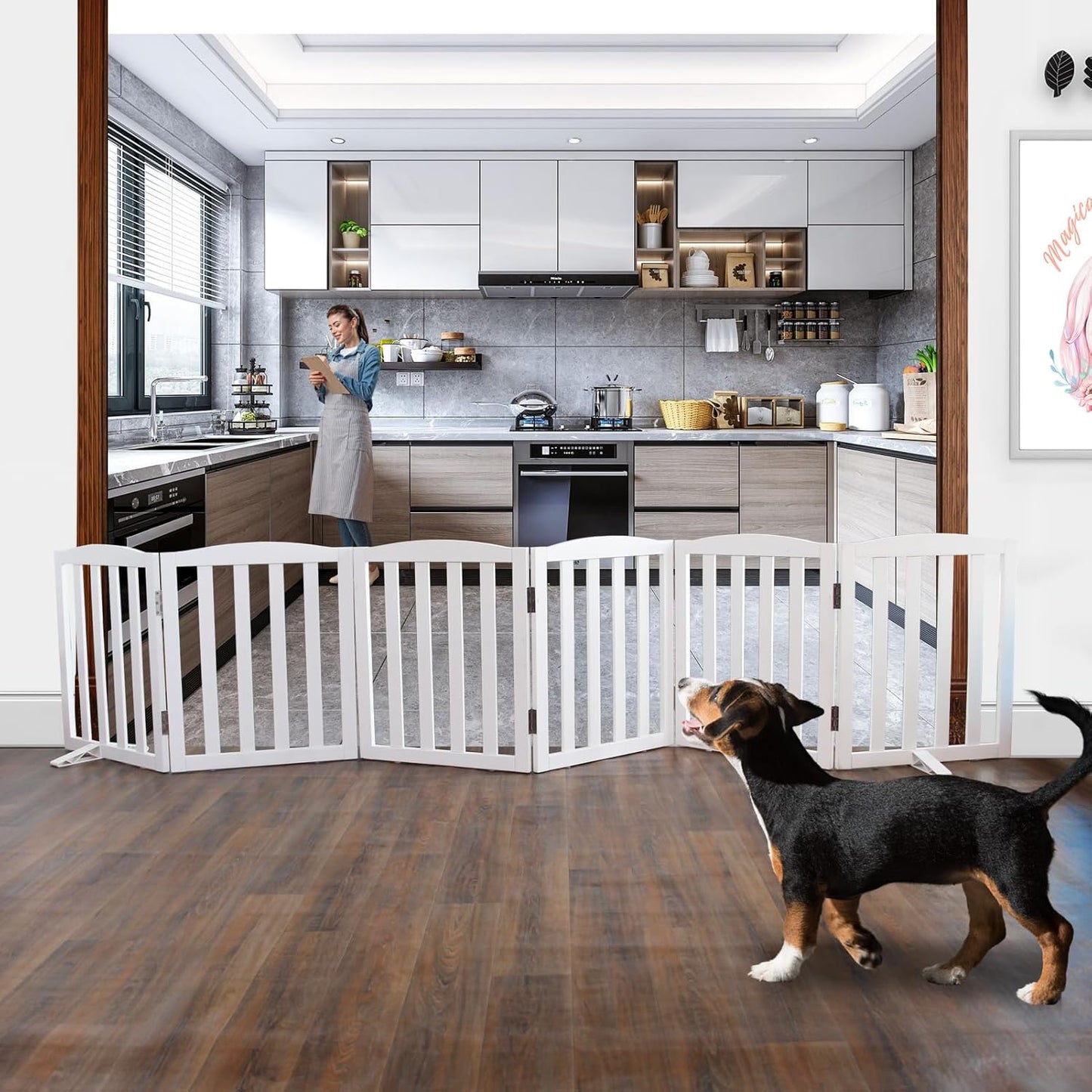 ZJSF Foldable Freestanding Indoor Dog Gate for House Wood White Long Pet Gates Dog Fence for Stairs Puppy Gates for Hallways,Pet Fence, Puppy Gate,Support Feet Included 24 "Height-6 Panels