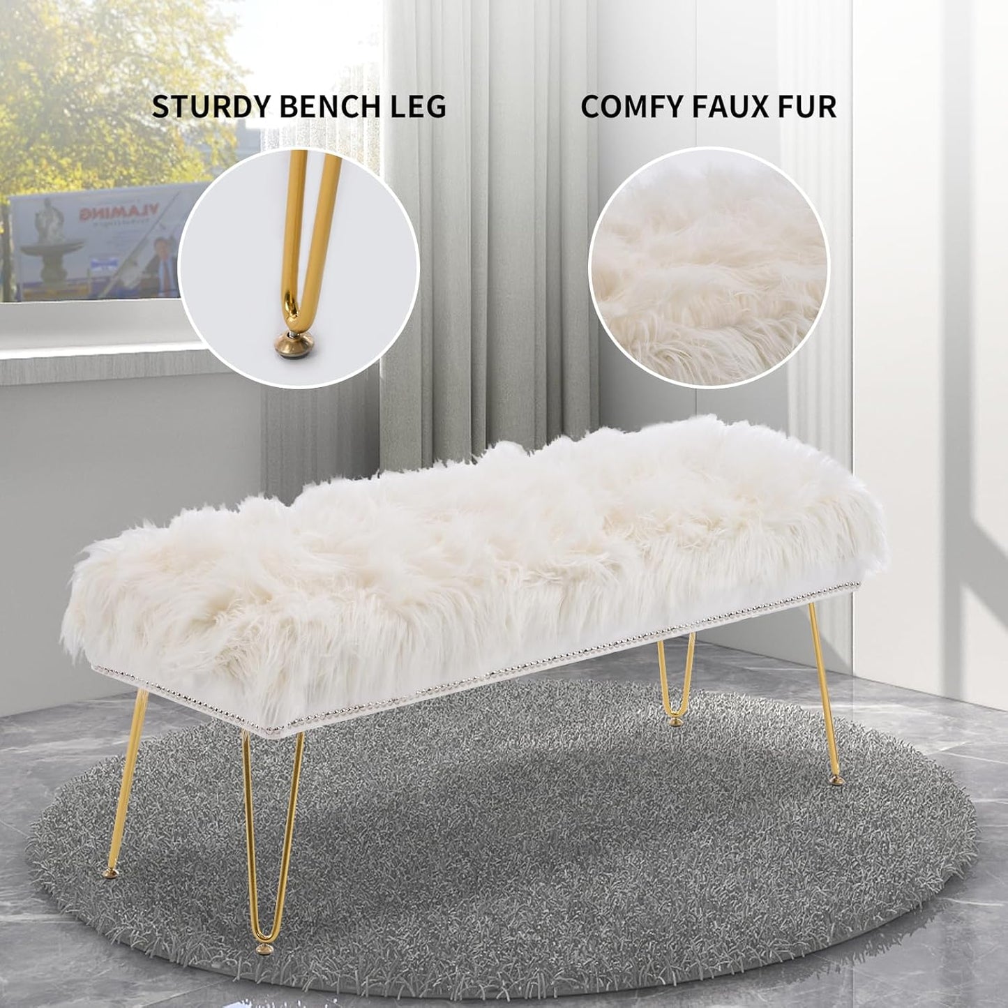 46 Inch White Bedroom Bench, Benches for Bedroom White Faux Fur Upholstered Bed end Bench, Tufting Ottoman Bench Indoor Bench with Metal Legs for Living Room Bedroom Entryway, White