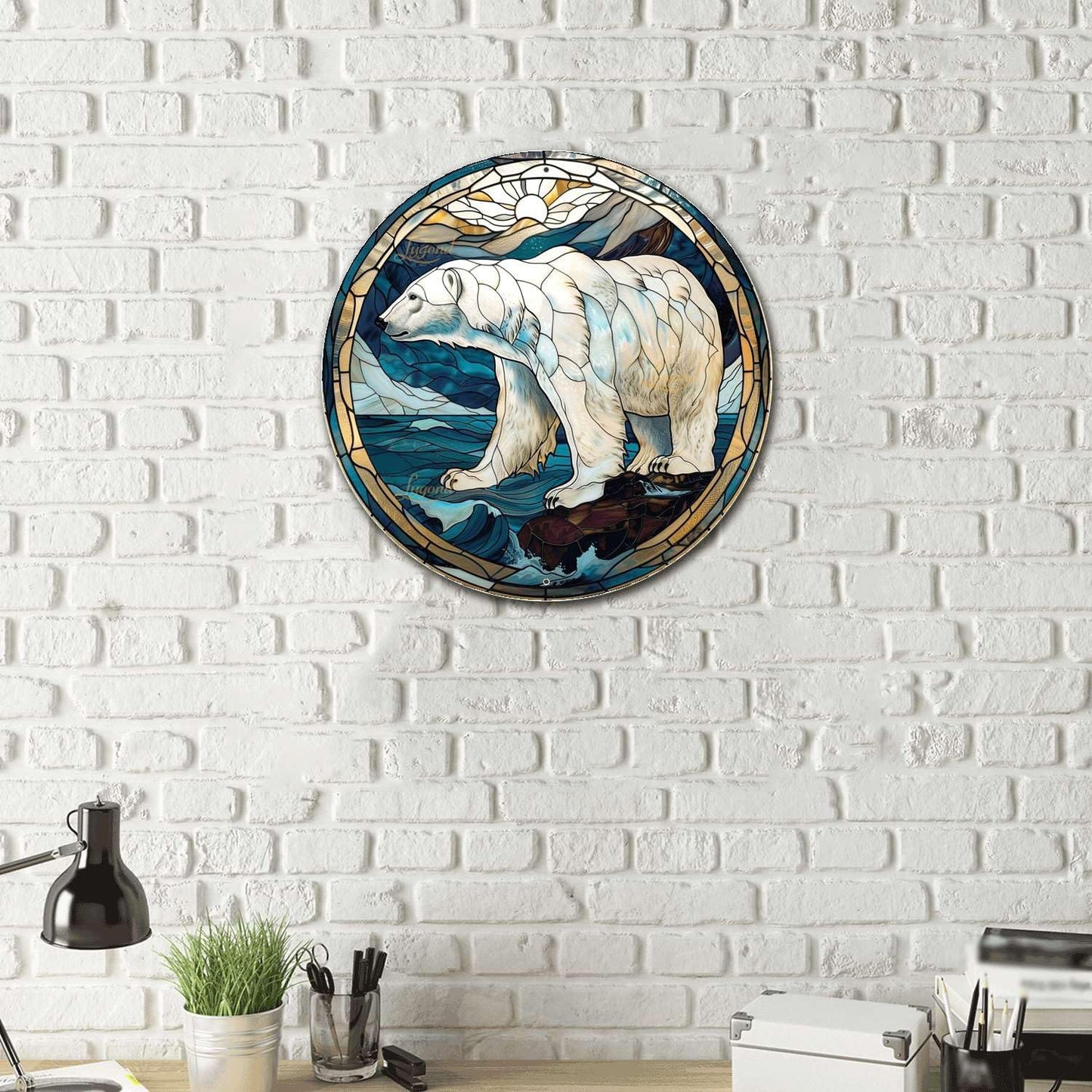 Lygond Metal Sign Tin Sign Circular Stained Glass Polar Bear3 Bar Signs For Home Bar For Yard 12×12 Inches