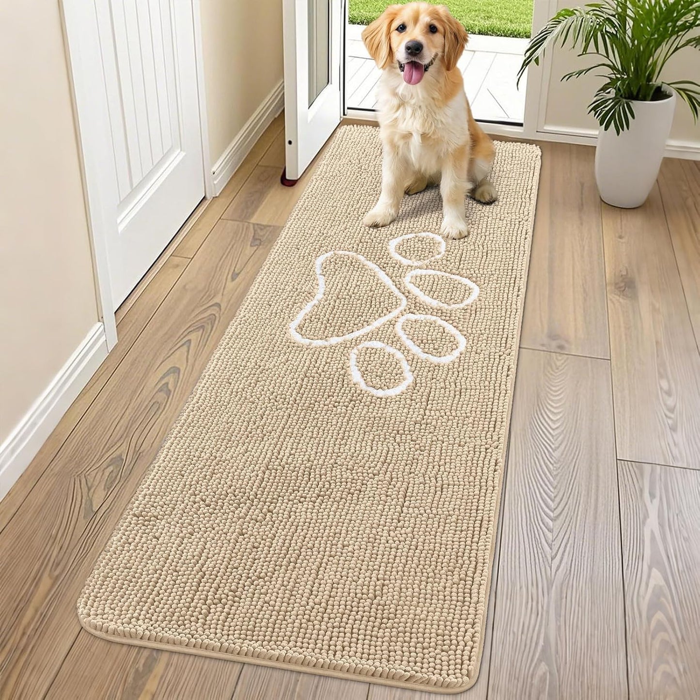 Smiry Dog Door Mat for Muddy Paws, Absorbent Dirt Trapper Non Slip Quick Dry Washable Chenille Mat for Mud Dogs, Entry Rug for Indoor and Outdoor (70x24 Inches, Beige)