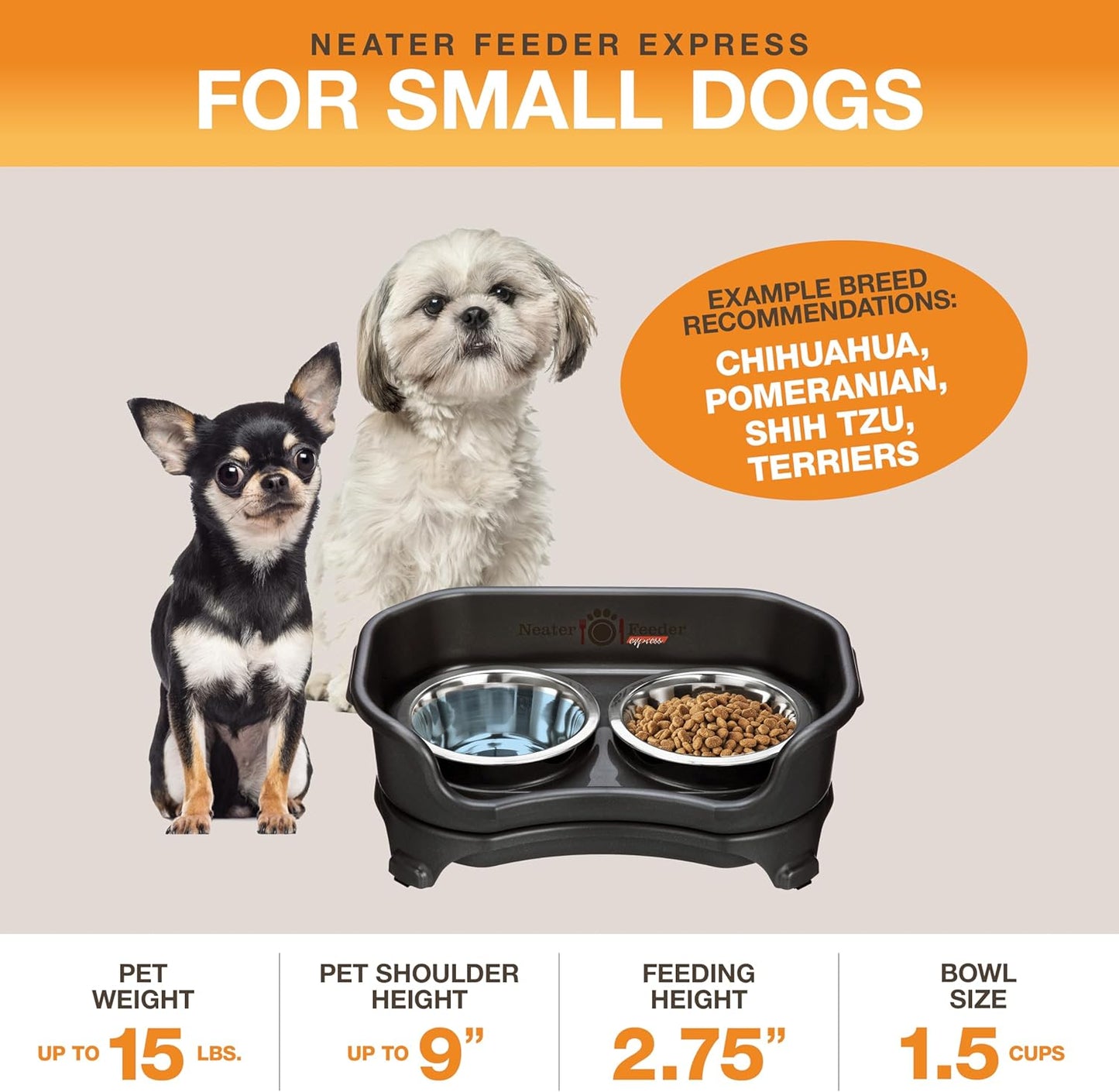 Neater Feeder Express Mess Proof Dog Bowls Elevated for Small Breeds Under 15 Lb, Made in USA, No Spill Raised Dog Food Bowl Stand, Stainless Steel Food and Water Bowl Set, Feeding Station, Black