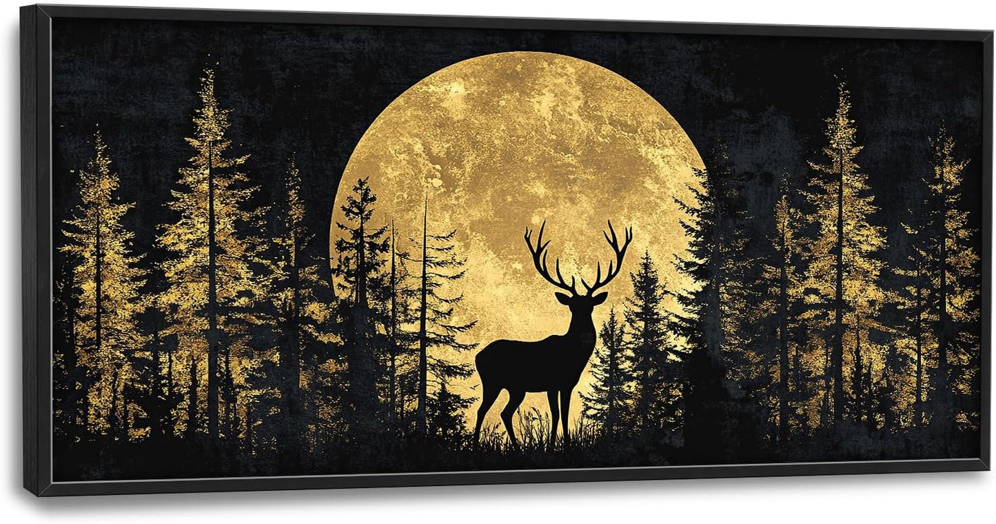Large Moon Deer Forest Wall Art for Living Room, Black Gold Canvas Oversized Wall Decor, Elk Animal Framed Pictures Painting Print Artwork for Bedroom Office 60L" x 30W"