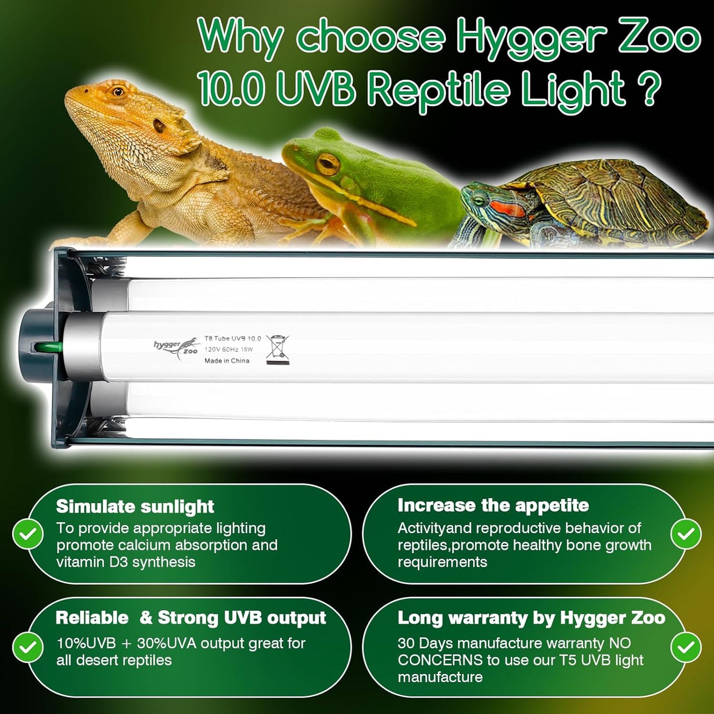 T8 Reptile Light Fixture Combo Kit 15W Light Fixture Jungle Green Reptile Terrarium Hood 10.0 UVB Light Bulb Fluorescent Tube for Bearded Dragon Lizards Tortoise for Tropical and Deserts Reptile lamp