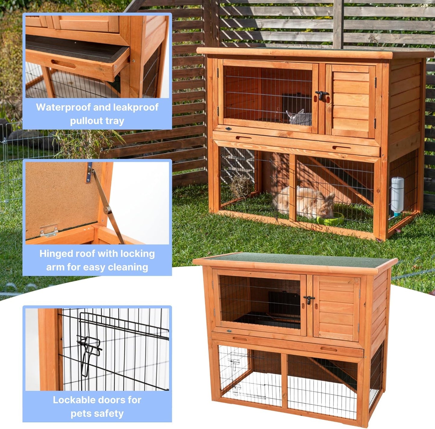 TRIXIE natura Outdoor Rabbit Hutch with Run - 2-Story Rabbit Cage with Non-Slip Ramp - Large Elevated Small Animal House with Secure Playpen, Hinged Roof & Pull-Out Tray - in Brown