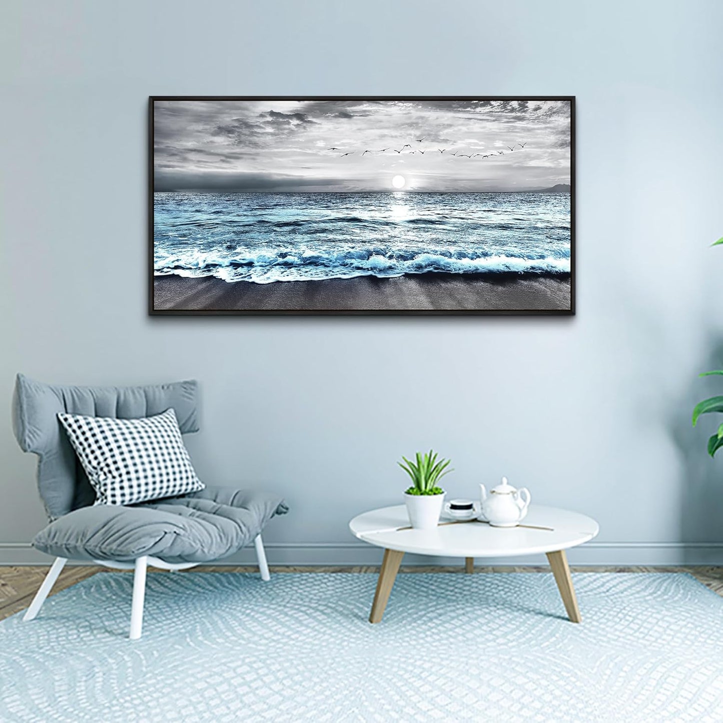 Wapluam Large Black Framed Wall Art For Living Room Wall Decor For Bedroom Office Wall Decorations Black And White Wall Painting Blue Sea Wave Pictures Artwork For Modern Beach Canvas Prints Poster