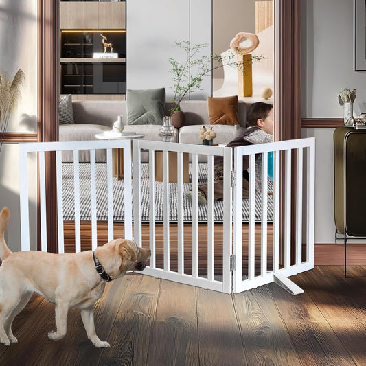 ZJSF Freestanding Indoor Dog Gate for House Foldable Wood White Puppy Gate for Doorways Pet Gate for Stairs Extra Wide Pet Fence 24" Height 3 Panels