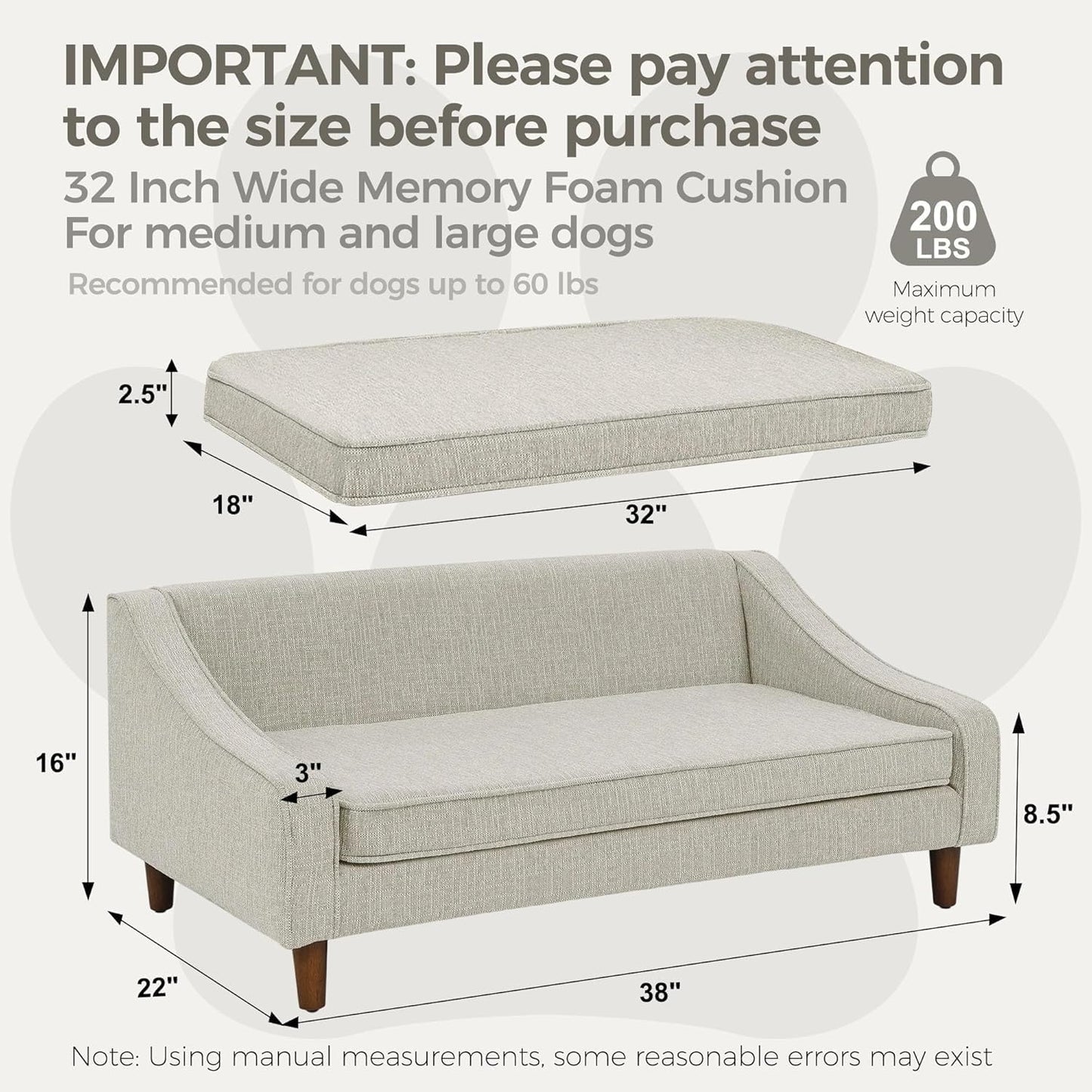 Dog Sofa Couch for Medium to Large Dogs, Durable Pet Sofa with Washable Fabric, Elevated Mini Dog Bed with Wooden Legs for Medium and Large Dogs, Beige