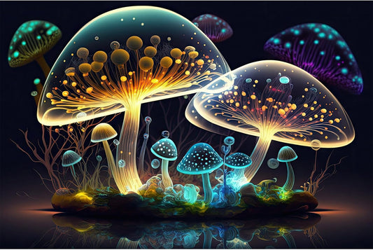 Mushroom Aquarium Background Abstract Glowing Fantasy Mushrooms Terrarium Background Mysterious Forest Magical Night In Circle Shape Crystal Glass Fish Tank Backdrop Decorations Vinyl 72x16in