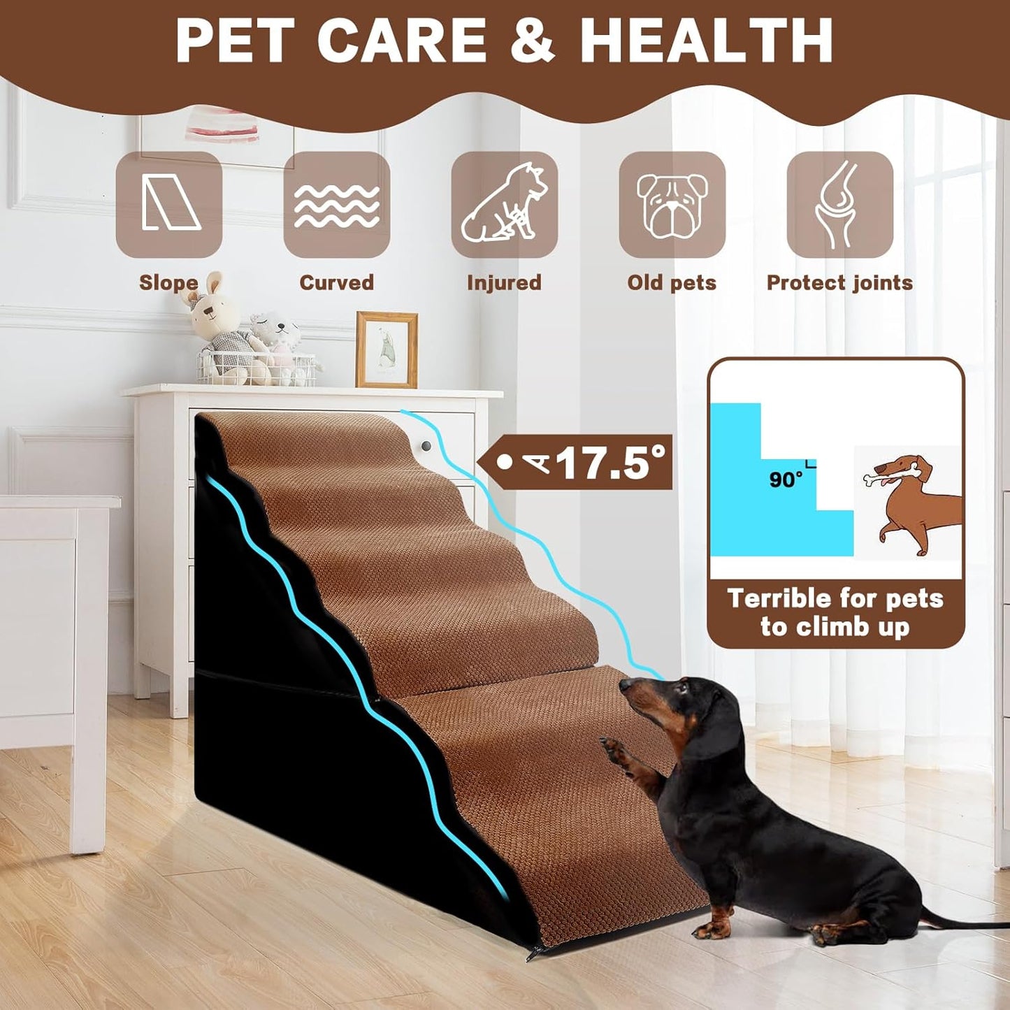 Dog Stair Steps for High Bed, 6-Step Dog Ramps for High Beds Climbing for Doggy/Kitty, Curved Pet Stairs for Small/Old Dogs/Cats, Brown
