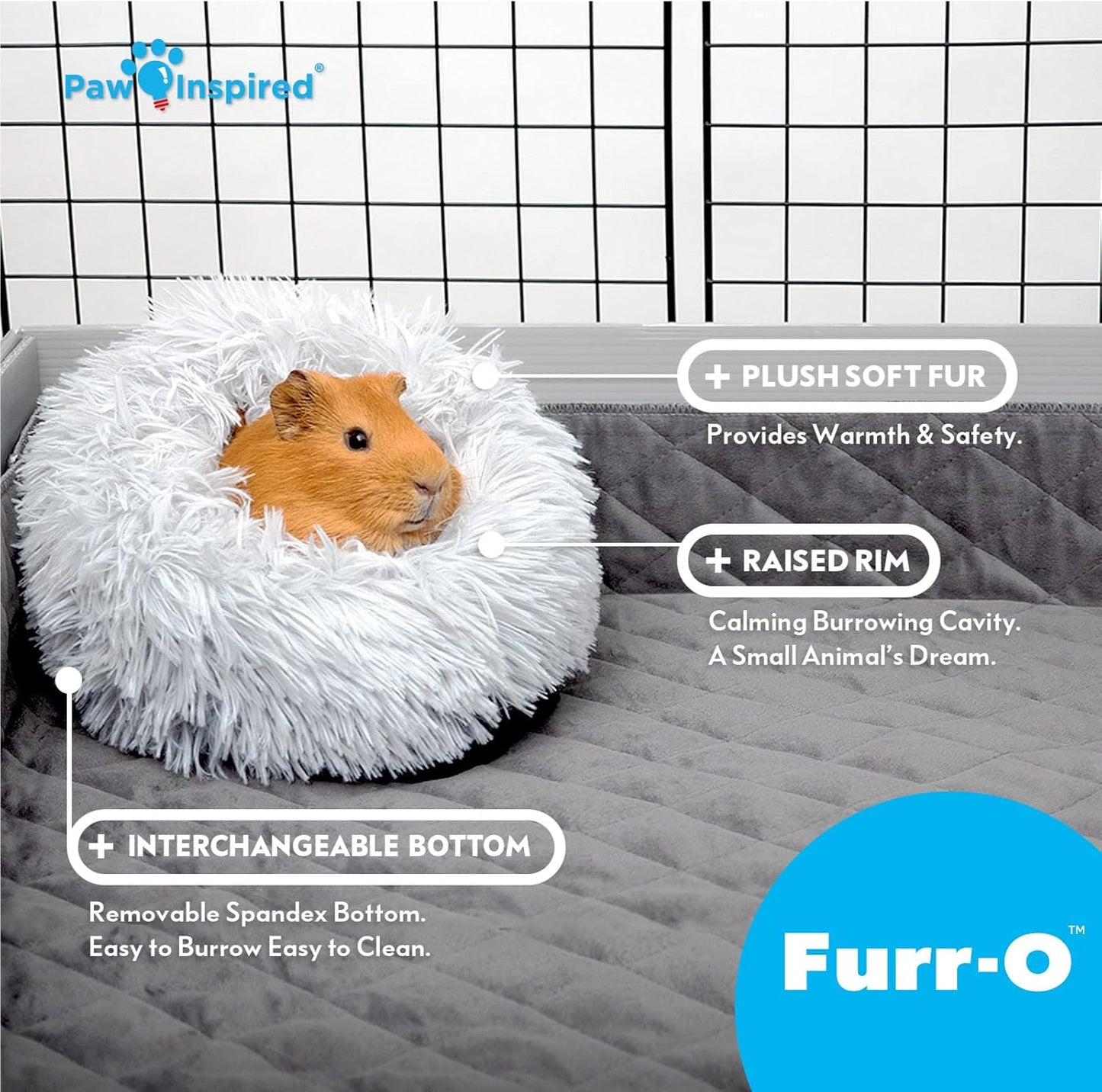 Paw Inspired Furr-O Burrowing Pet Bed with Zip-On Spandex and Fleece Bottoms for Guinea Pigs and Other Small Animals, Cozy Carrier, Hideout Enrichment Toy, Cage Accessories (Blue)