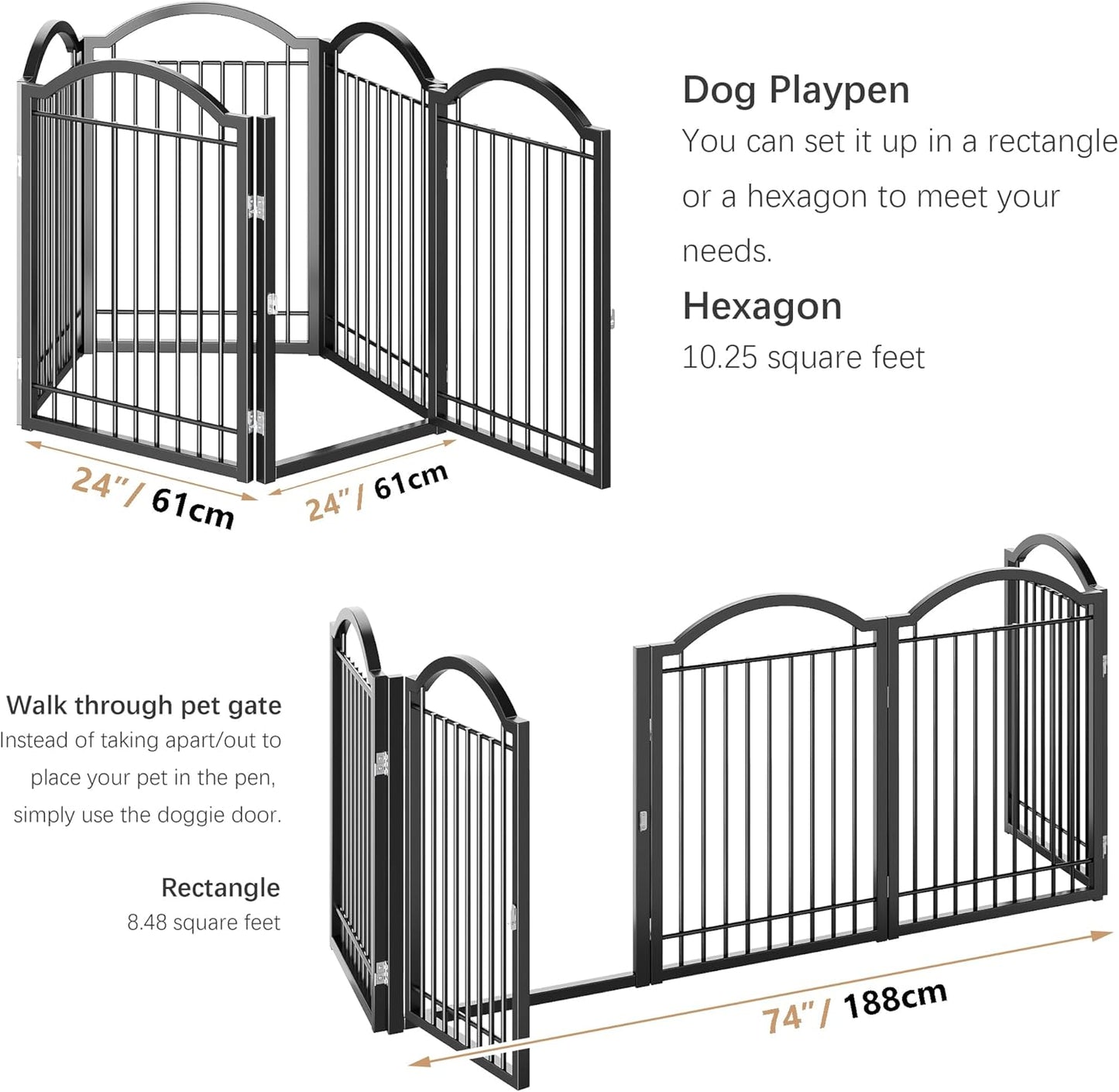 BHG Metal No-Assembly Freestanding Dog Gate with Door Walk Through, Extra Wide 120", Extra Tall 32" Pet Gate, Accordion Puppy Folding Playpen Dog Fence, with 2PCS Support (Black, 5 Panels)