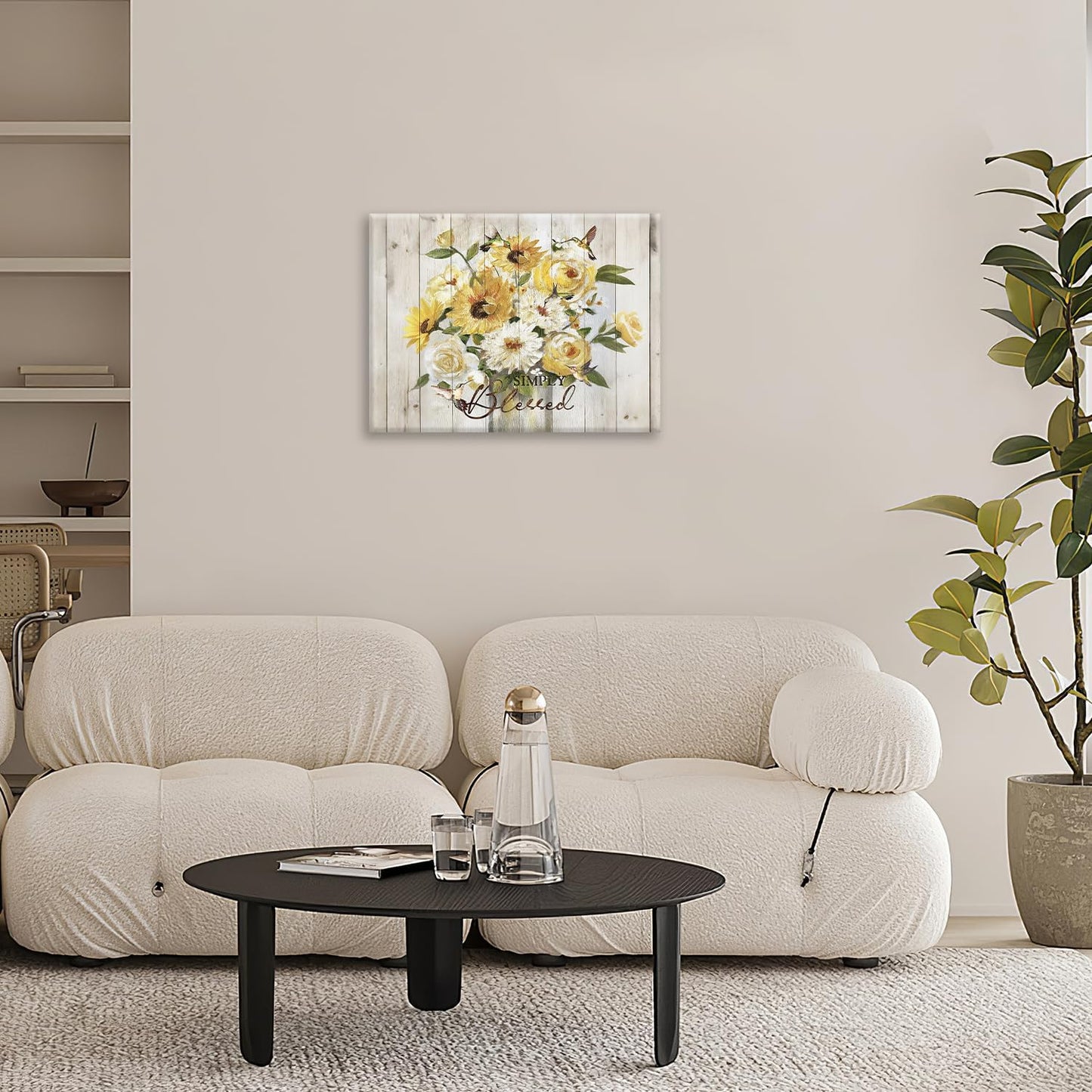 Sunflower Bathroom Pictures Wall Art, Simple Blessed Floral Bathroom Wall Decor, Flower Framed Painting Canvas Artwork for Bedroom Living Room Decorations 16"L x 12"W