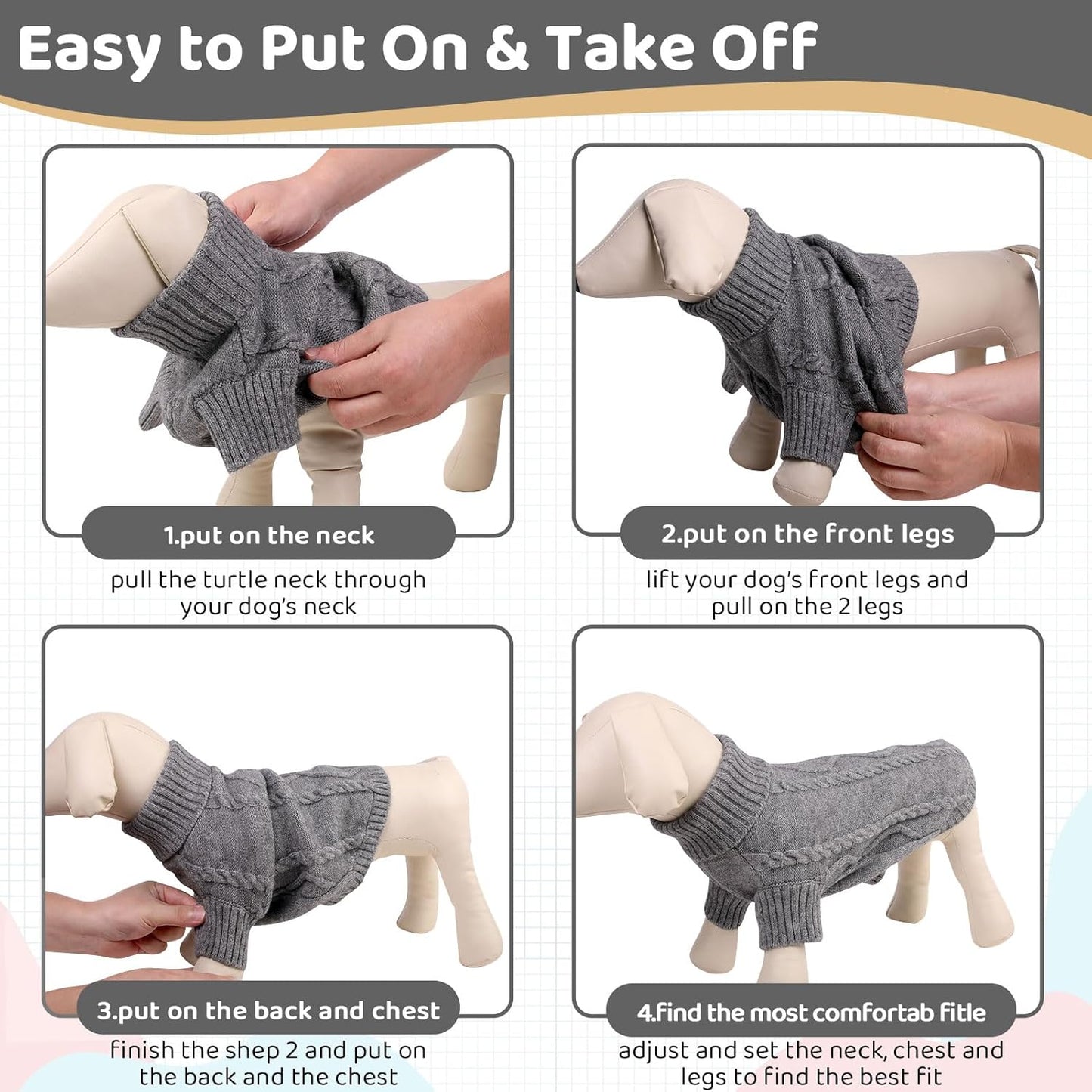 Queenmore Small Dog Pullover Sweater, Cold Weather Cable Knitwear, Classic Turtleneck Thick Warm Clothes for Chihuahua, Bulldog, Dachshund, Pug (Slate Grey, Large)