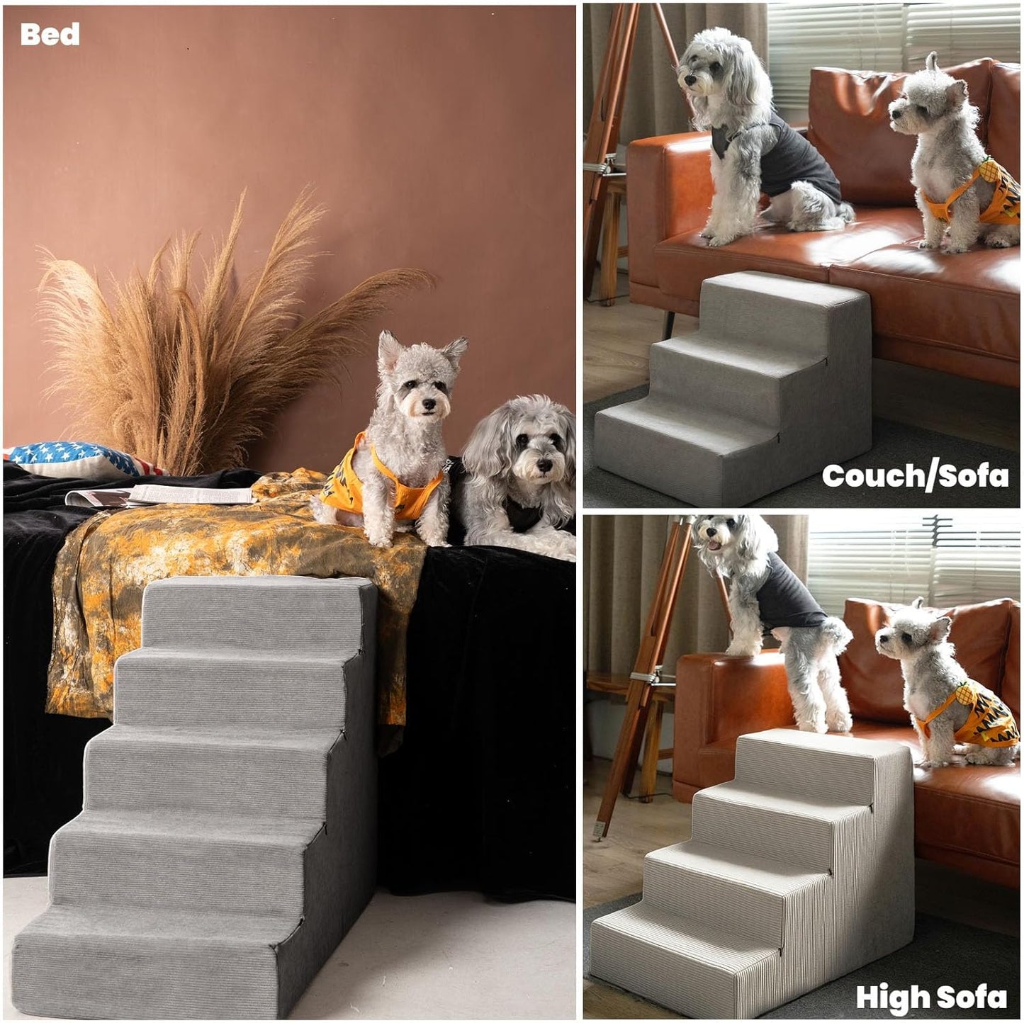 MEWANG Dog Stairs for Small & Medium Dogs and Old Cats –3/4/ 5 Steps High-Density Foam Pet Ramp for Bed & Couch, Non-Slip, Washable Cover, Grey (Square Corner, 3 Steps: 17.95''×14.96''×13.70'', 2)