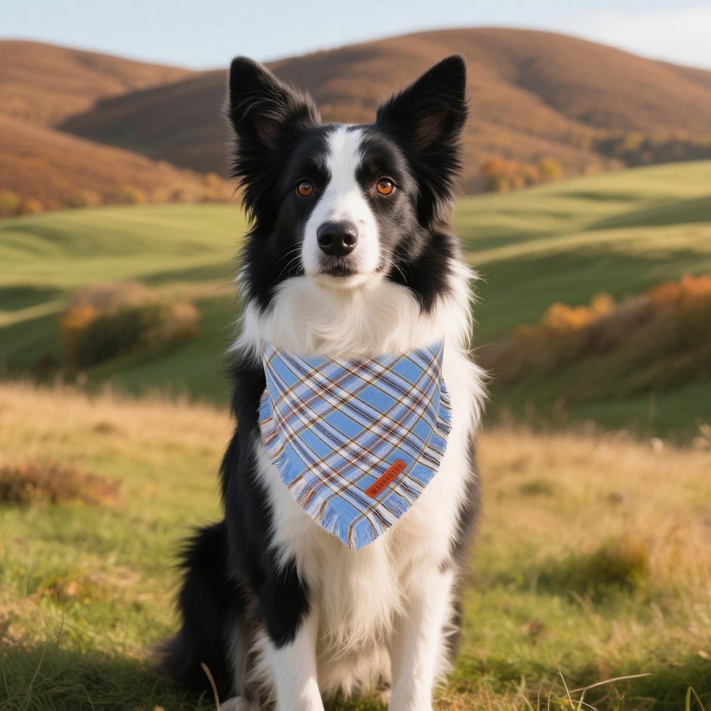 ADOGGYGO Dog Bandanas Boy with Tassels Edges, Stylish Blue Plaid Pet Scarf, Soft Cotton Fabric, Adjustable Reversible Plaid Bandanas for Medium Large Dogs (Large)
