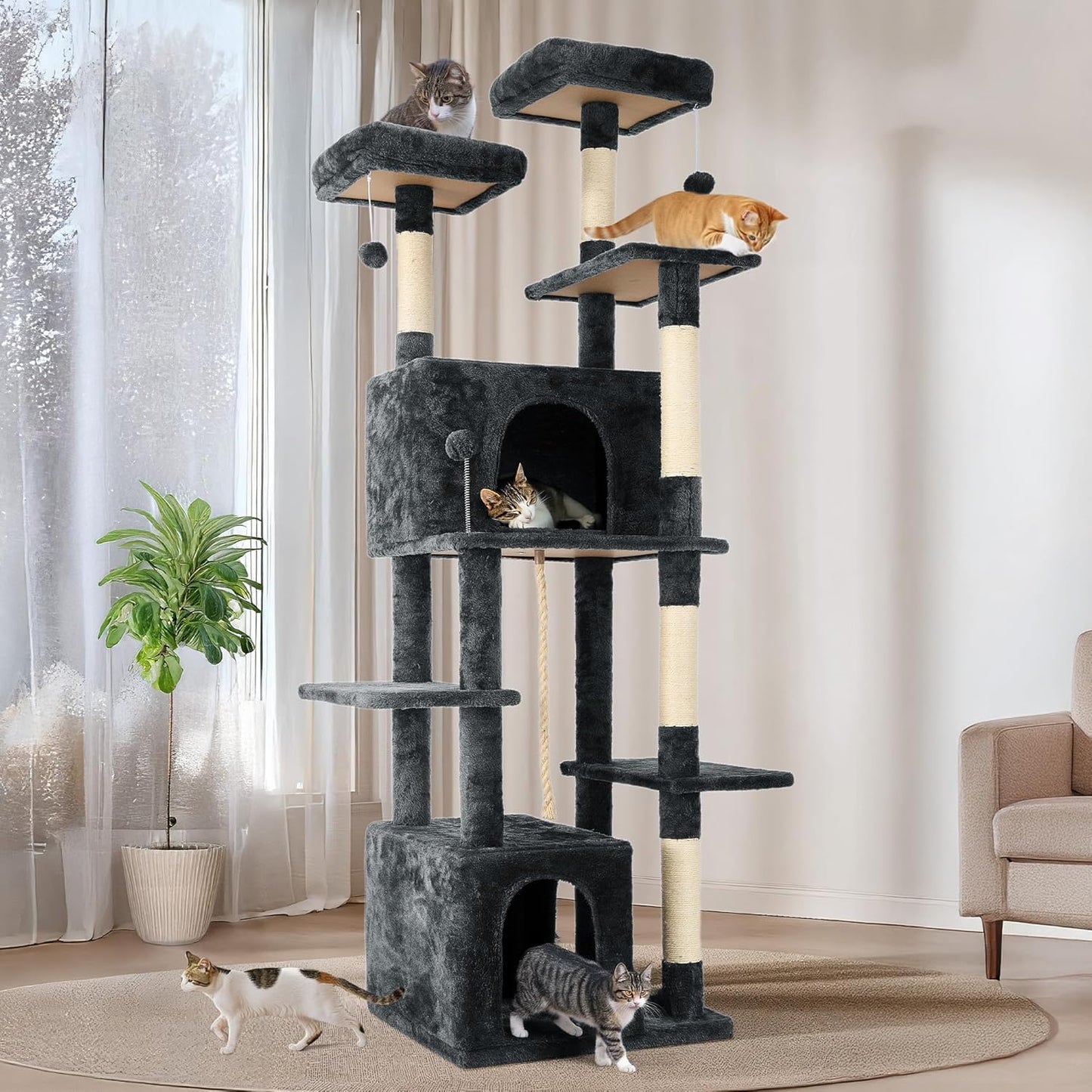 69in Large Cat Tree Tower for Indoor Cats with Soft Plush Hang Ball, Two Condos, Sisal Scratch Posts & Rope Play for Kittens/Adult Cats, Deep Grey