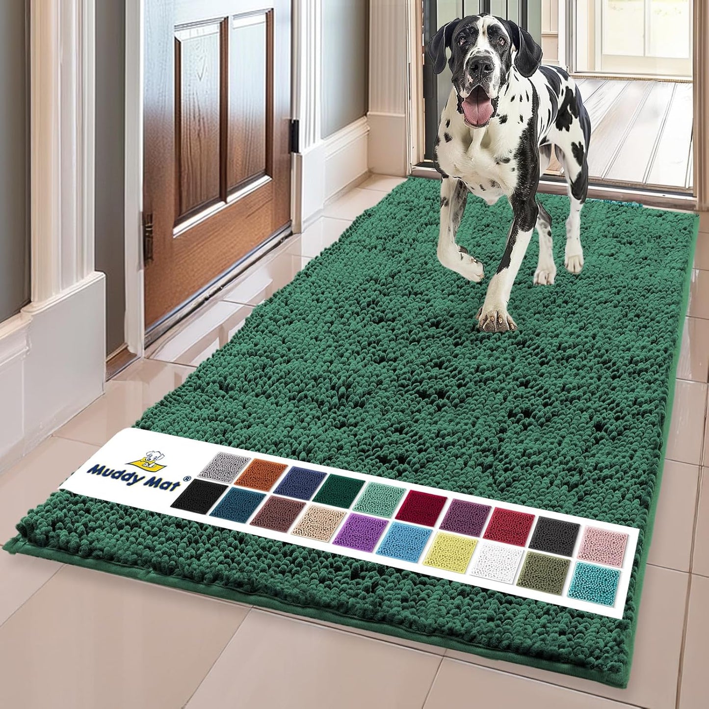 Muddy Mat® Shown on TV – Super Absorbent Door Mat Indoor, Microfiber Quick Dry Chenille Entryway Rug, Non-Slip Front Door Mat, Indoor Mats for Entryway, Machine Washable Pet Rug, Dark Green 36"x60"