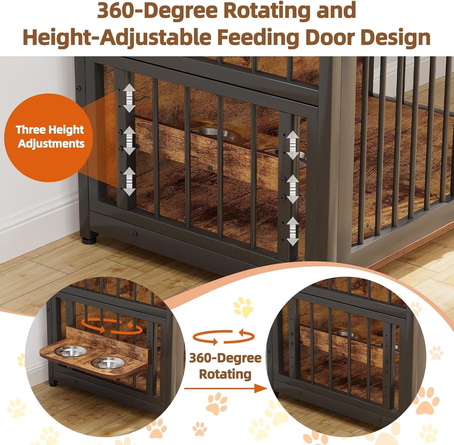 Large Dog Crate Furniture, 41 Inch Wooden Dog Crate, Heavy Duty Dogs Kennel with 2 Drawers Storage, 360° Adjustable Raised Feeder, Indoor Dogs House End Table
