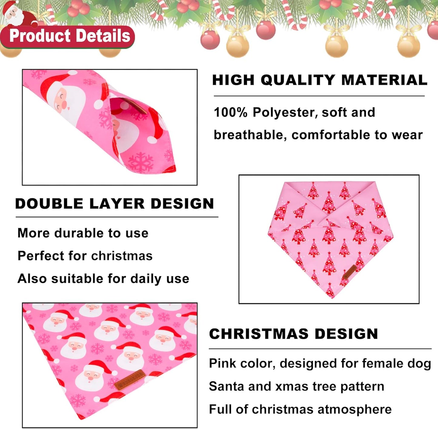 ADOGGYGO Christmas Dog Bandana, Xmas Tree Santa Pet Scarf, Premium Durable Fabric, Adjustable Fit Female Pet Christmas Bandanas for Medium Large Dogs (Large)
