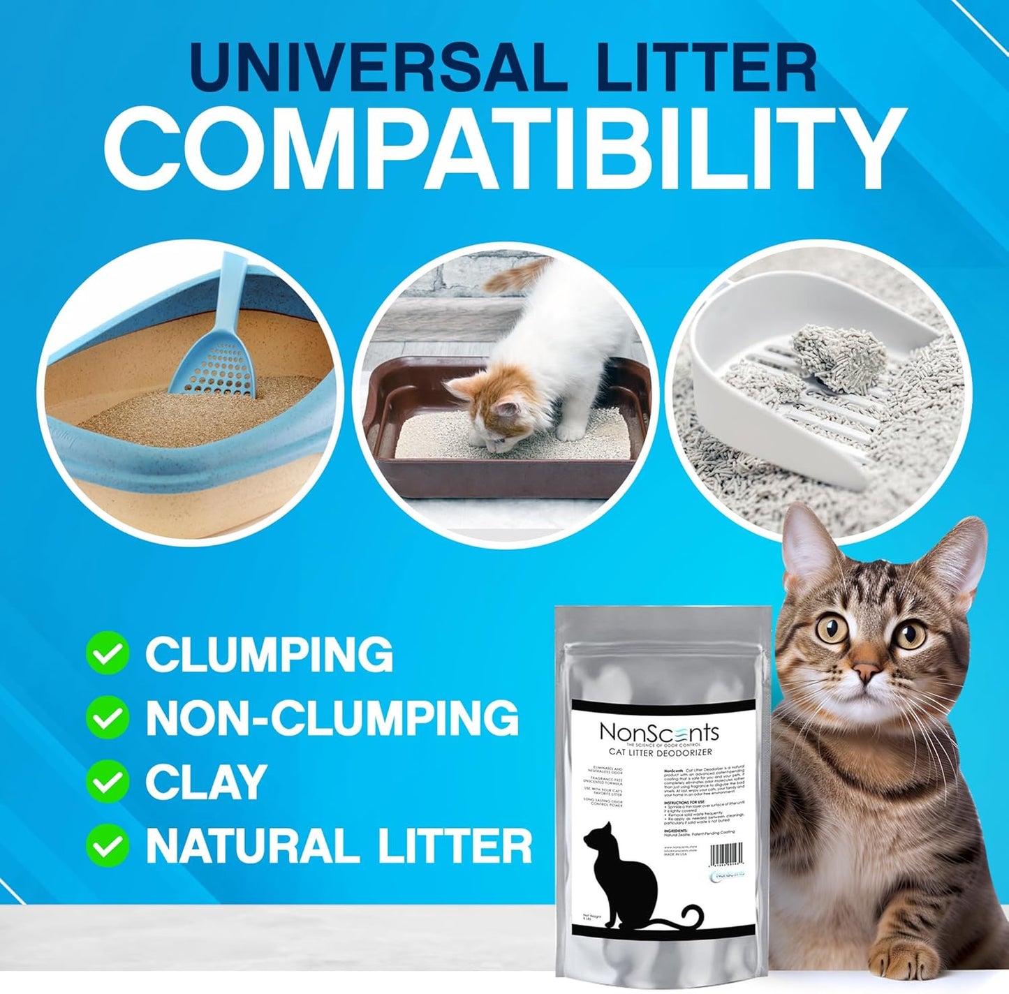 NonScents Cat Litter Deodorizer - Litter Box Odor Eliminator - Less Scooping Extends Kitty Litter Lifespan - Fragrance-Free Formula Eliminates Unpleasant Cat Odors – 8 Pound Bag