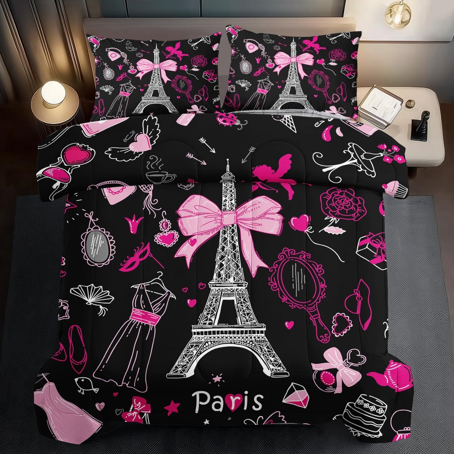 Eiffel Tower Comforter Set King Size,Eiffel Tower Bedding Set for Girls, Pink and Black Paris Themed Comforter Bedroom Decor,Paris Quilt French Style Romantic Bedding