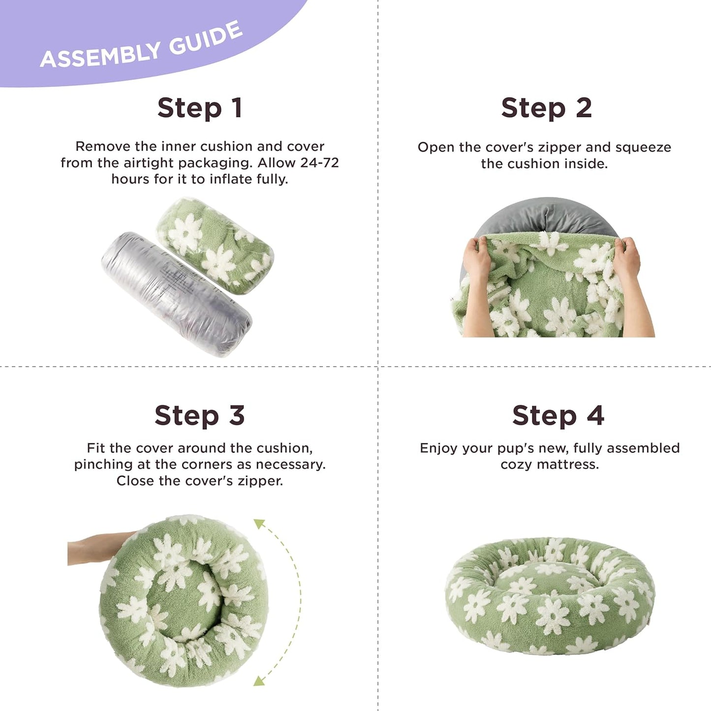 LE SURE Small Dog and Cat Bed - Round Calming Beds, Cute Modern Design with Jacquard Shaggy Plush, Anti-Slip Bottom, 23 Inch, Green