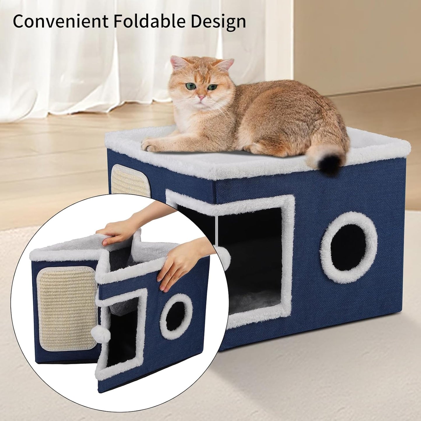 Cat House Bed for Indoor Cats, Large Cat Cave with Cozy Condo, Fluffy Hanging Ball, Scratch Pad, Hide-and-Seek, Foldable Indoor Cat House Hideaway with Double-Sided Soft Cushions for All Seasons, Blue