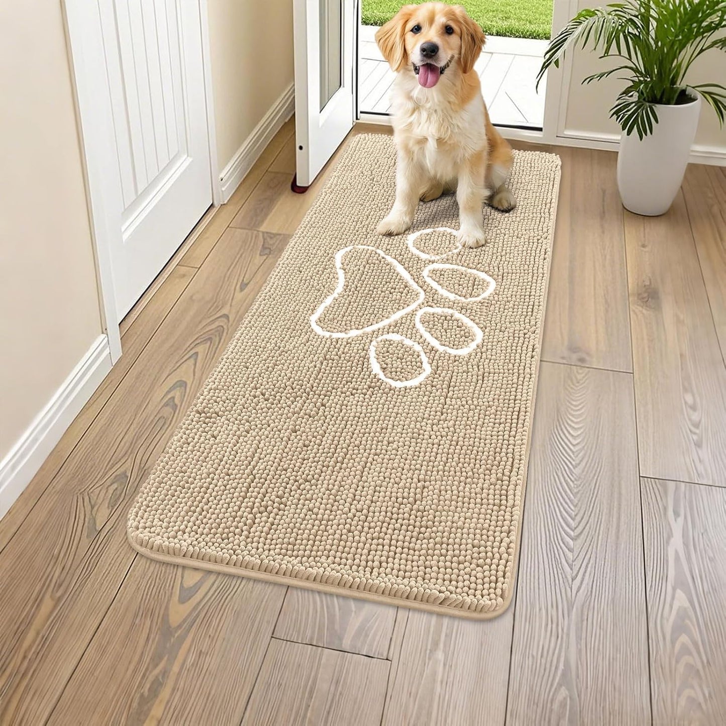 Smiry Dog Door Mat for Muddy Paws, Absorbent Dirt Trapper Non Slip Quick Dry Washable Chenille Mat for Mud Dogs, Entry Rug for Indoor and Outdoor (47x24 Inches, Beige)