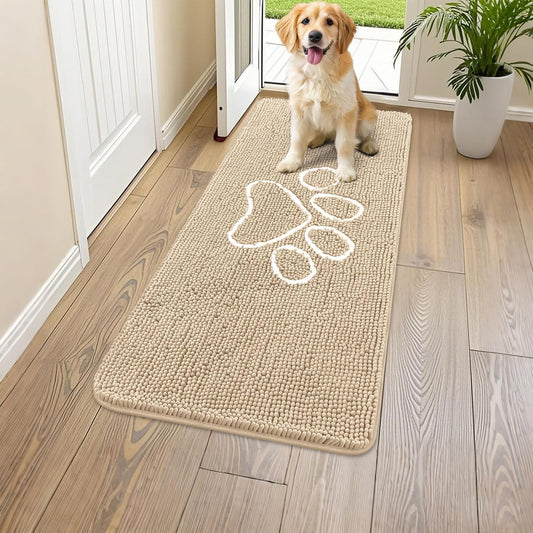 Smiry Dog Door Mat for Muddy Paws, Absorbent Dirt Trapper Non Slip Quick Dry Washable Chenille Mat for Mud Dogs, Entry Rug for Indoor and Outdoor (47x24 Inches, Beige)
