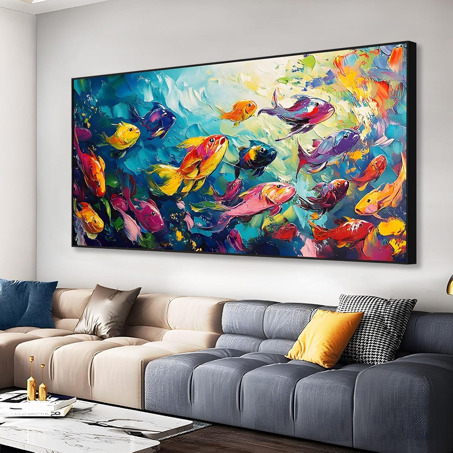 School of Fish Printed Canvas Wall Art – Framed Abstract Ocean Print – Vibrant Fish Wall Decor for Living Room, Bedroom, Office (Gold Framed, 24"x12"|60x30cm)