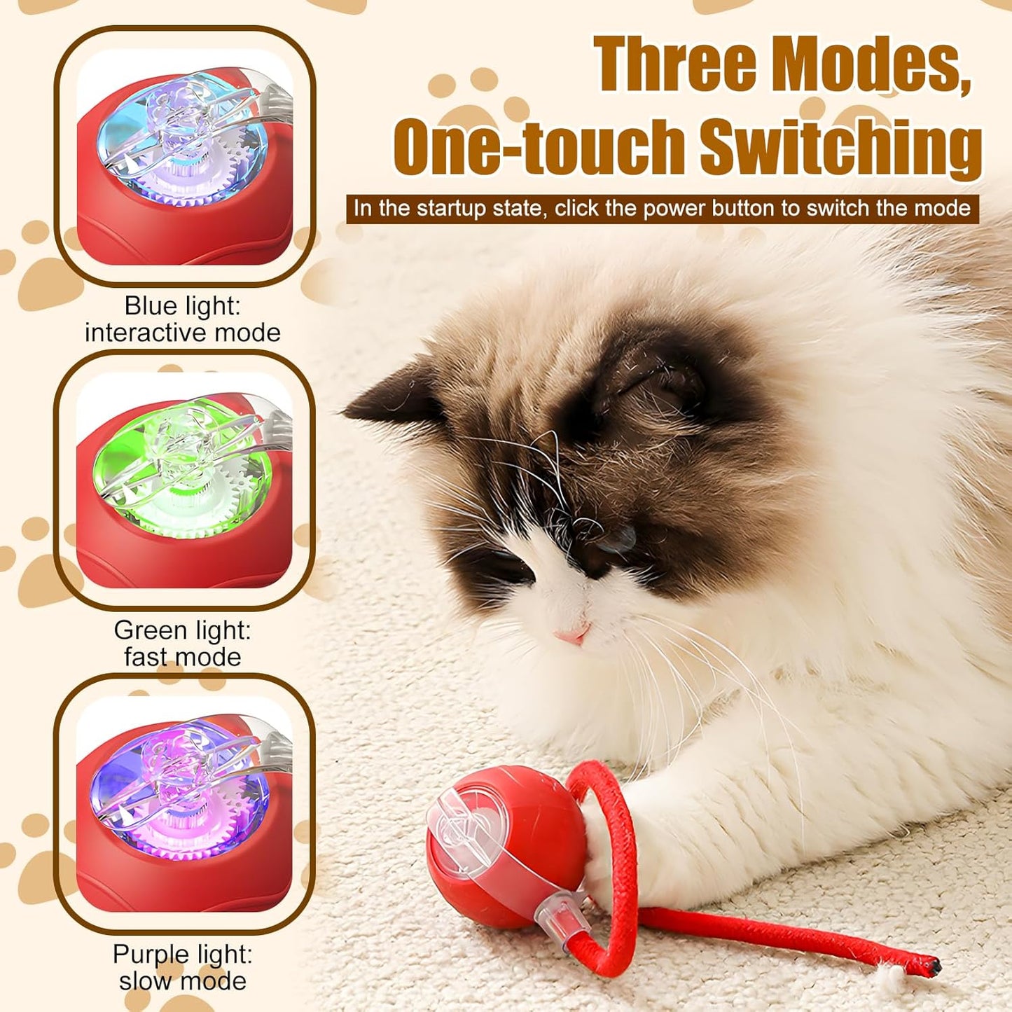 Interactive Cat Toys for Indoor Cats, 2025 New Interactive Cat Toys, Intelligent Automatic Rolling Pet Ball, Automatic Obstacle Avoidance Cat Toy Ball with Rope, Three Modes Adjustment (gray)