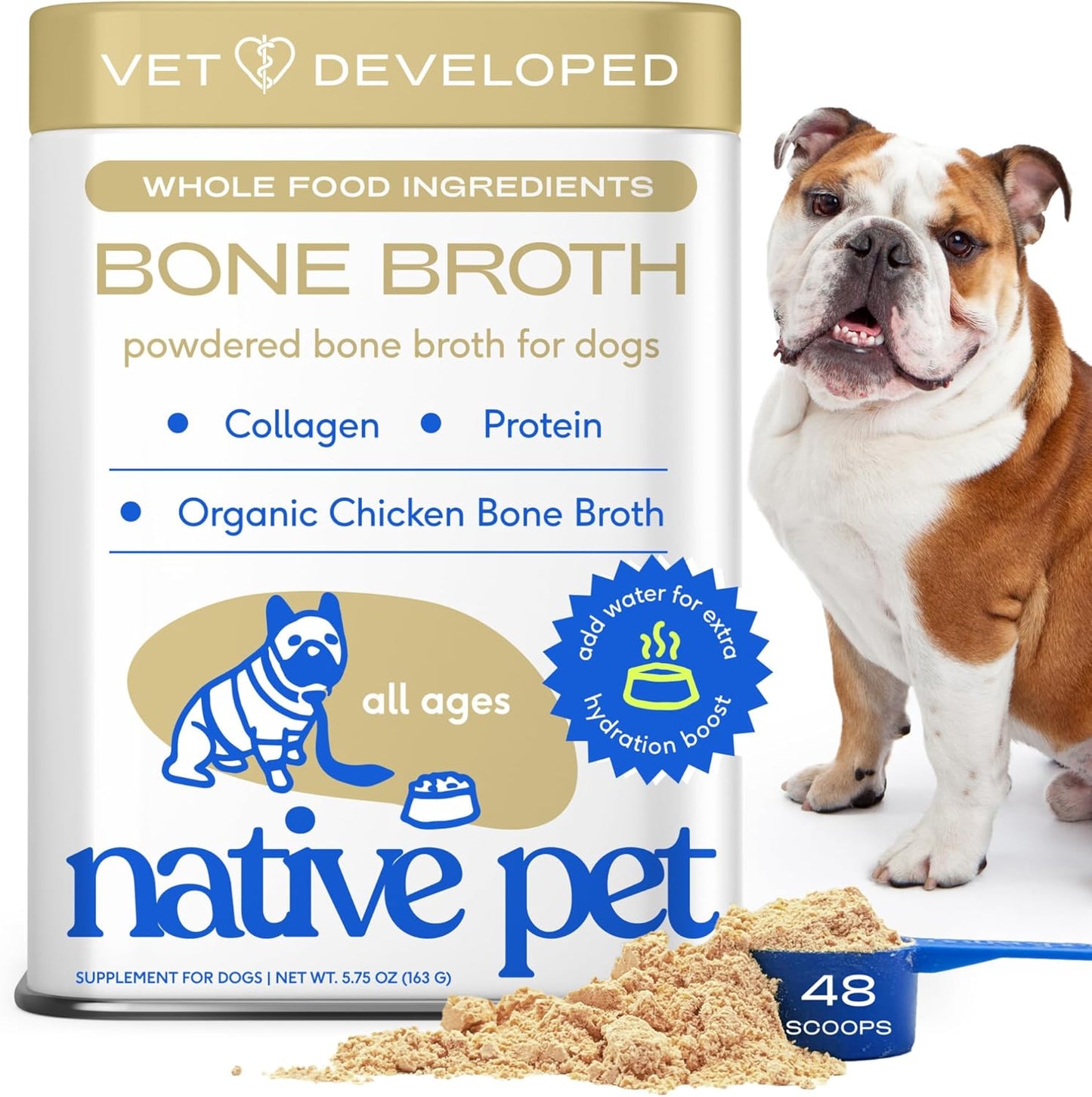 Native Pet Bone Broth for Dogs and Cats - Chicken Bone Broth Powder Dog Food Toppers for Picky Eaters - Provides Extra Nutrition for Joint Strength, Immune Support & Heart Health - 48 Scoops