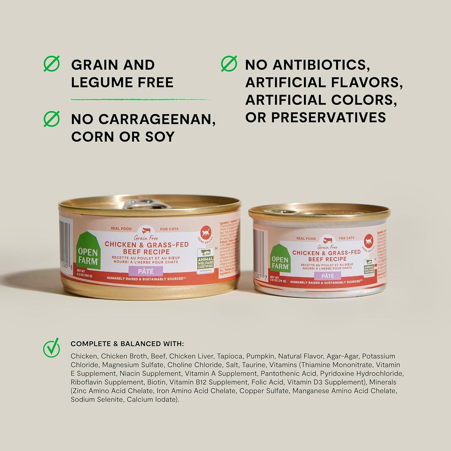 Open Farm Canned Cat Food, Paté for Complete & Balanced Nutrition, Grain-Free and Legume-Free Wet Cat Food, Chicken & Beef Recipe, 2.8oz Cans (Case of 18)