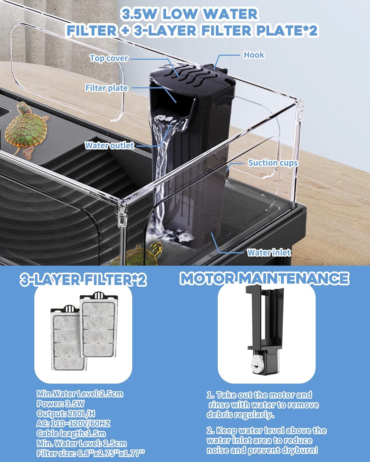 Small Turtle Tank, Aquarium, Acrylic Terrarium with Basking Platform, Bottom Drainage, Multi-Function Areas for Turtles, Crabs, Crayfish, Reptiles.(Black+Filter)