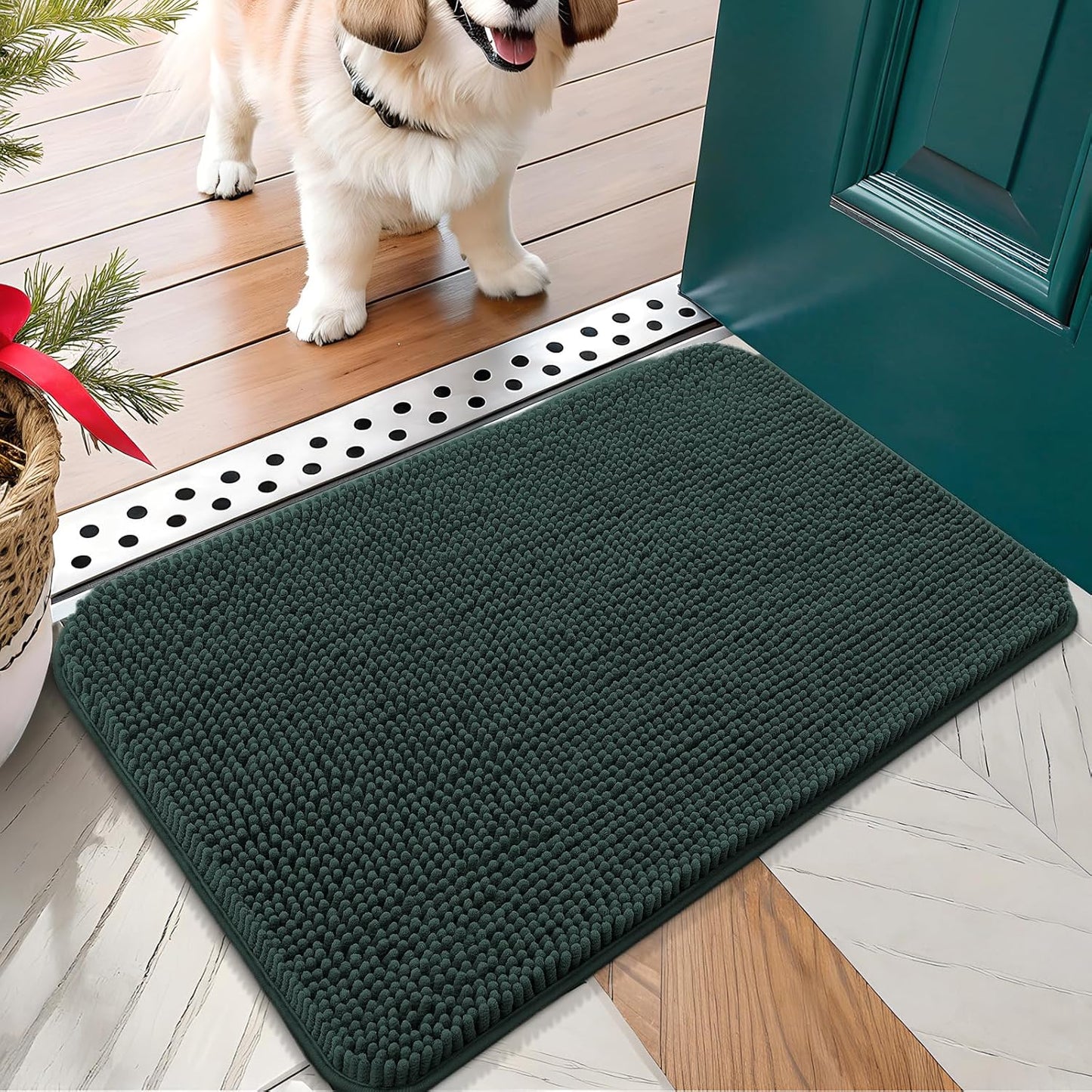 OLANLY Dog Door Mat for Muddy Paws 30x17, Absorbs Moisture and Dirt, Absorbent Non-Slip Washable Doormat, Quick Dry Chenille Mud Mat, Entry Indoor Entryway Carpet for Inside Floor, Blackish Green
