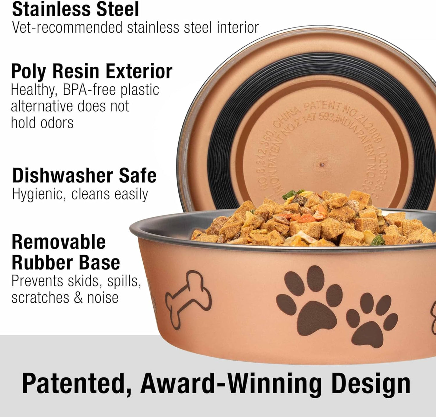 Loving Pets Bella Dog Bowls- Stainless Steel Dog & Cat Bowls - Spill Proof Dog Food Bowl, Cat Bowl, Puppy Essentials & Pet Supplies Great for Home & Travel (Large 35-65 lbs, Champagne)