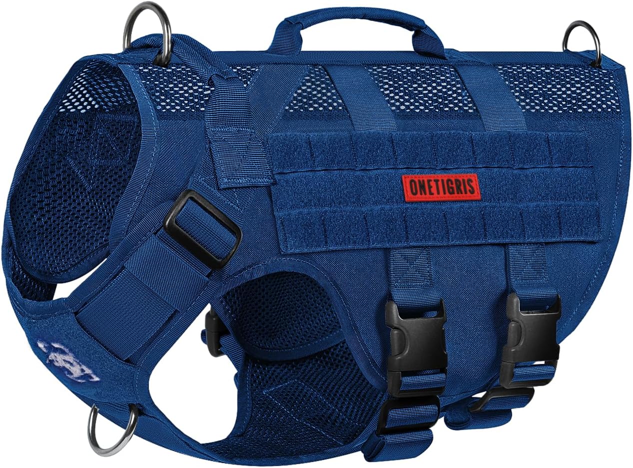 OneTigris No Pull Tactical Dog Harness for Small Medium Dogs, Mesh Design Service Dog Vest Breathable Military Dogs Molle Vests with Handles, Harness for Walking Hiking Training (Blue, M)