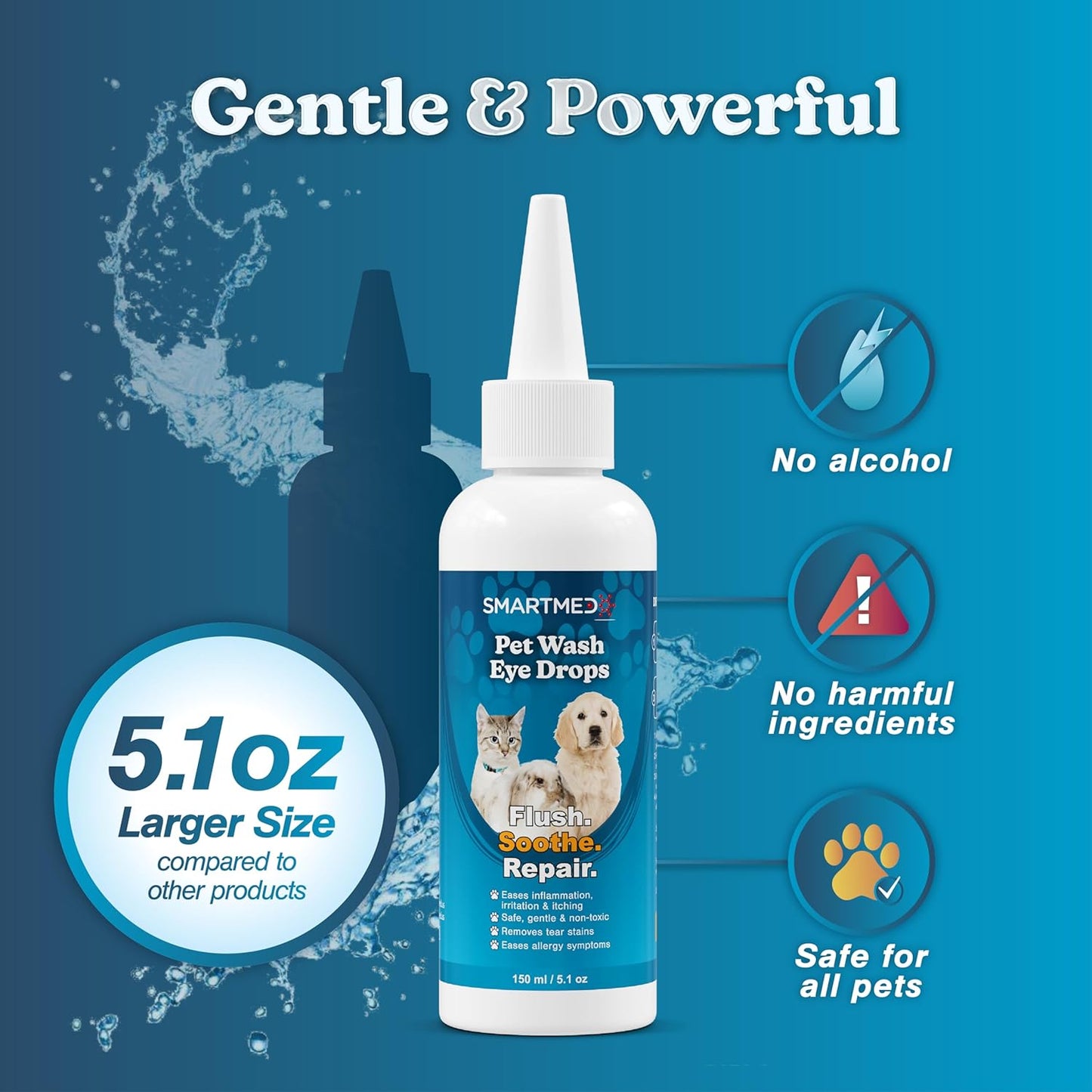 Large Pet Eye Wash 5.1 oz Gentle Eye Irritation Solution for Pets – Removes Dirt, Debris & Tear Stains – Safe for Daily Use