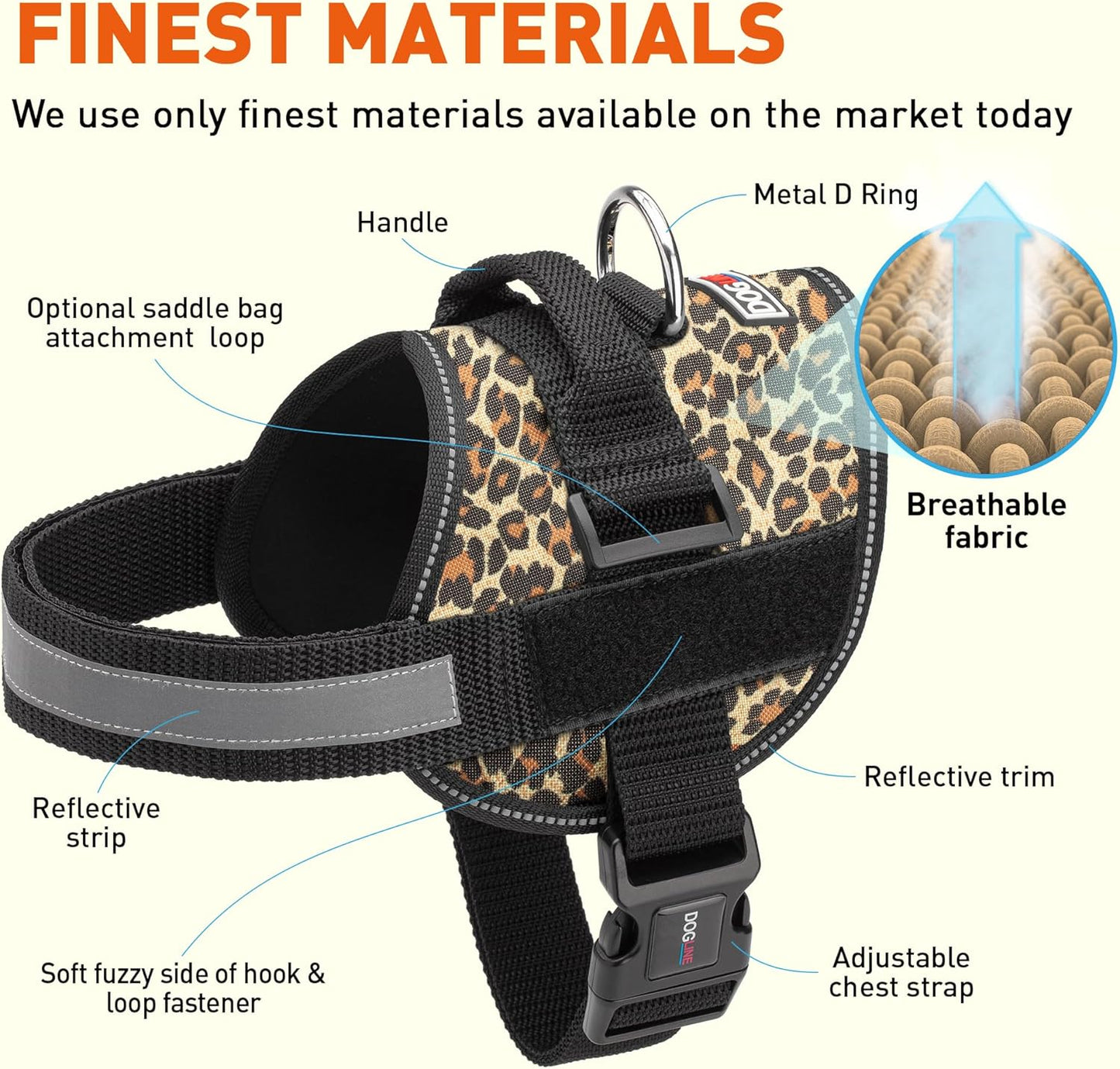 Dogline Dog Harness, Reflective No-Pull Adjustable Vest with Handle for Walking, Training, Breathable, No - Choke Harness for Small, Medium or Large Dogs Room for Patches Leopard Brown XS 15"-18"