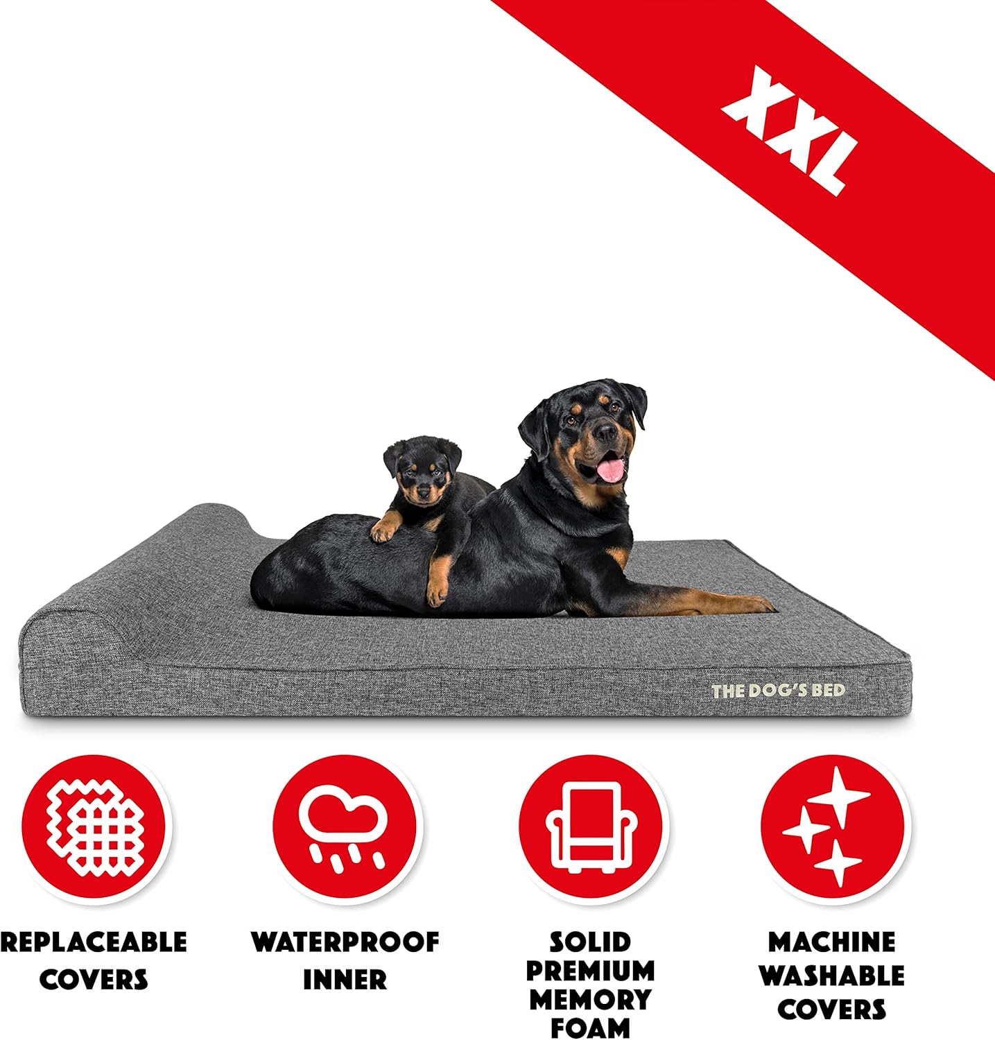 The Dog’s Bed Orthopedic Headrest Dog Bed XXL Grey Linen 54x36, Memory Foam, Pain Relief for Arthritis, Hip & Elbow Dysplasia, Post Surgery, Lameness, Veterinary Approved, Waterproof Washable Cover