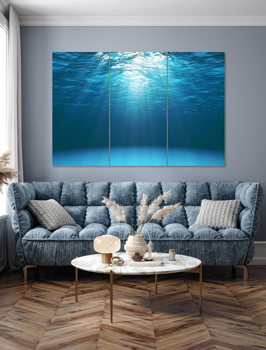 Nature Wall Art Prints - Ocean Forest Mountain Lake Canvas Landscapes - Small to Extra Large Living Room Bedroom Kitchen Bathroom Décor (Sun Rays Under Water, 55L" x 83W"- 3 Panels)
