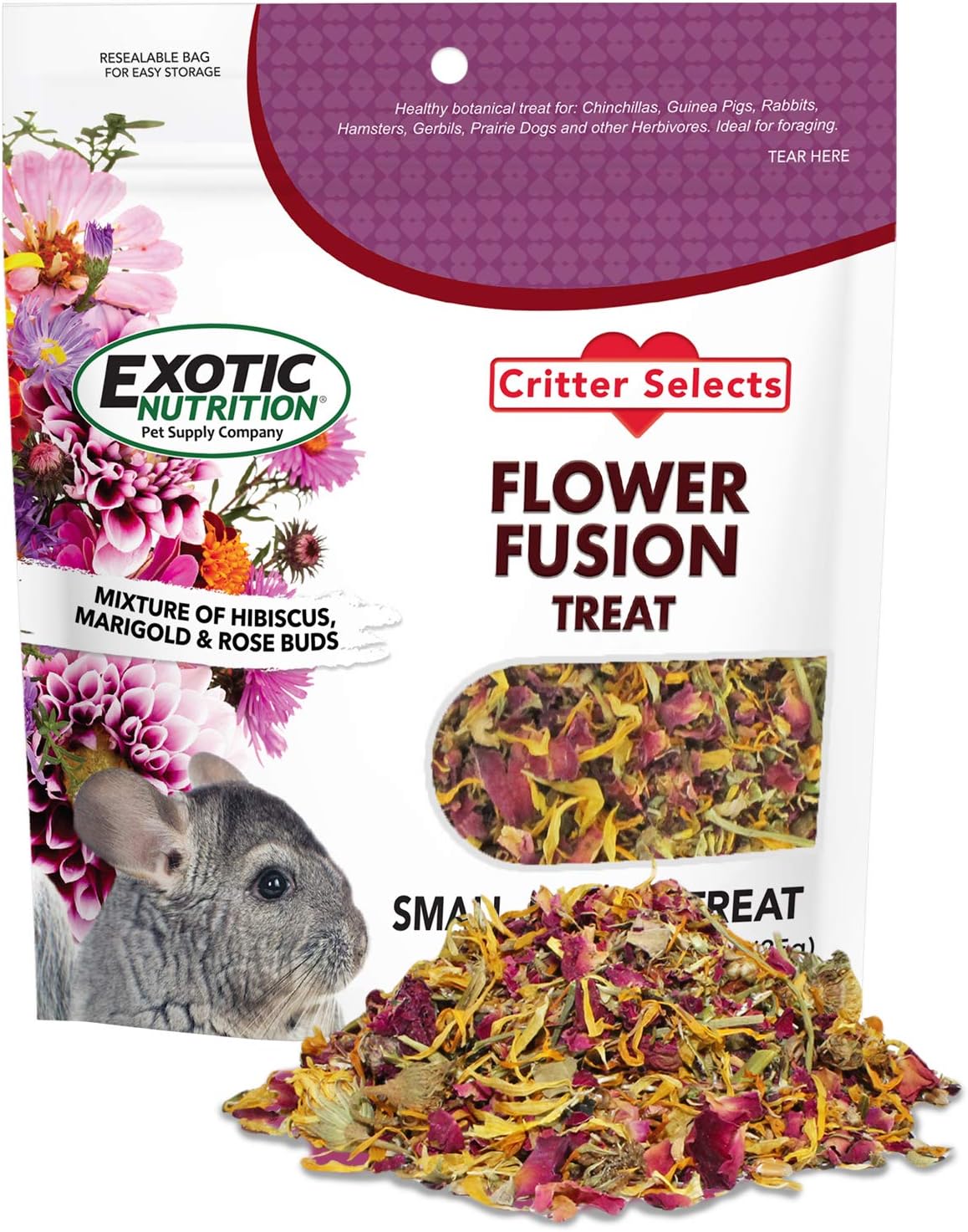 Flower Fusion Treat - Healthy Natural Dried Flower Herbivore Treat - Chinchillas, Guinea Pigs, Rabbits, Prairie Dogs, Degus, Hamsters, Rats, Squirrels, Sugar Gliders & Other Small Pets (0.85 oz)