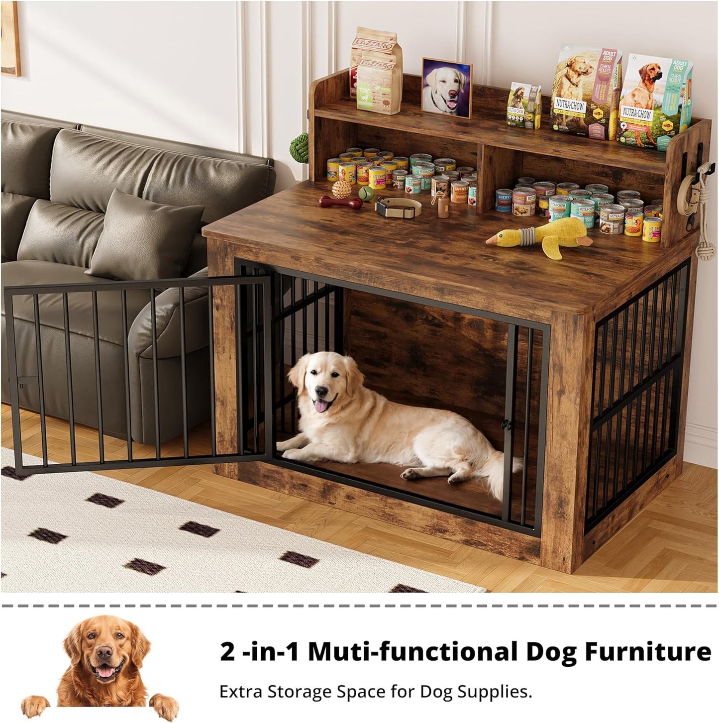 IRONCK Extra Large Dog Crate Furniture, 43.3 inches Wooden Dog Crate with Storage and 4 Hooks, Heavy Duty Pet Crate for Large Dog, Decorative Pet Cage for Indoor (30" L x 43.3" W x 41.1" H)