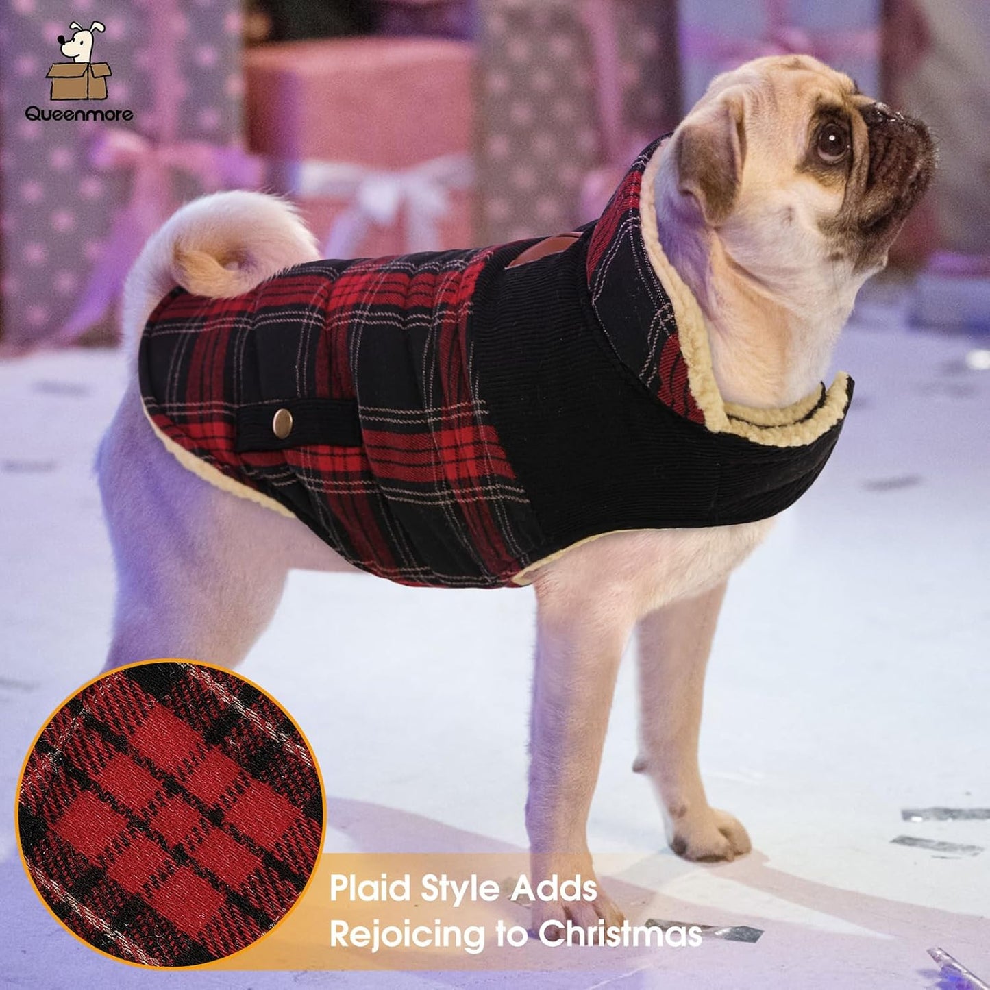 Queenmore Dog Winter Coat Warm Dog Jacket for Cold Weather, Quilting Puffer Plaid Coats for Small/Medium Dogs Waterproof,Girl/Boy Pet Christmas Coat,Pet Snowsuit with Leash Hole/Fleece Padding, XL