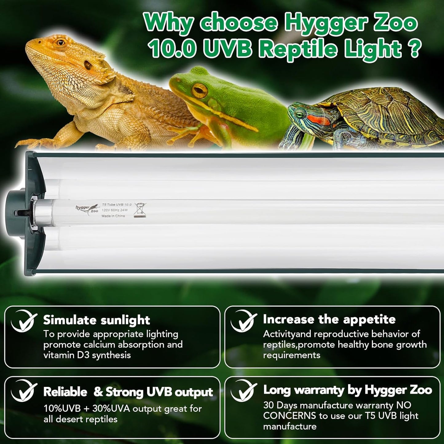 T5 Reptile Light Fixture Green Combo Kit 24W Light Fixture Reptile Terrarium Hood 10.0 UVB Light Bulb Fluorescent Tube Ideal for Tropical and Deserts Such as Bearded Dragon Lizards and Tortoises