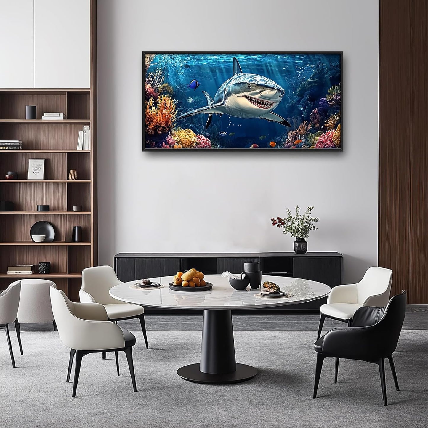 Large Ocean Shark Wall Art for Living Room, Framed Oversized Shark Fish Wall Decor Underwater Marine Life Canvas Painting Modern Artwork for Living Room Bathroom Bedroom Office Dining Room 60"x30"