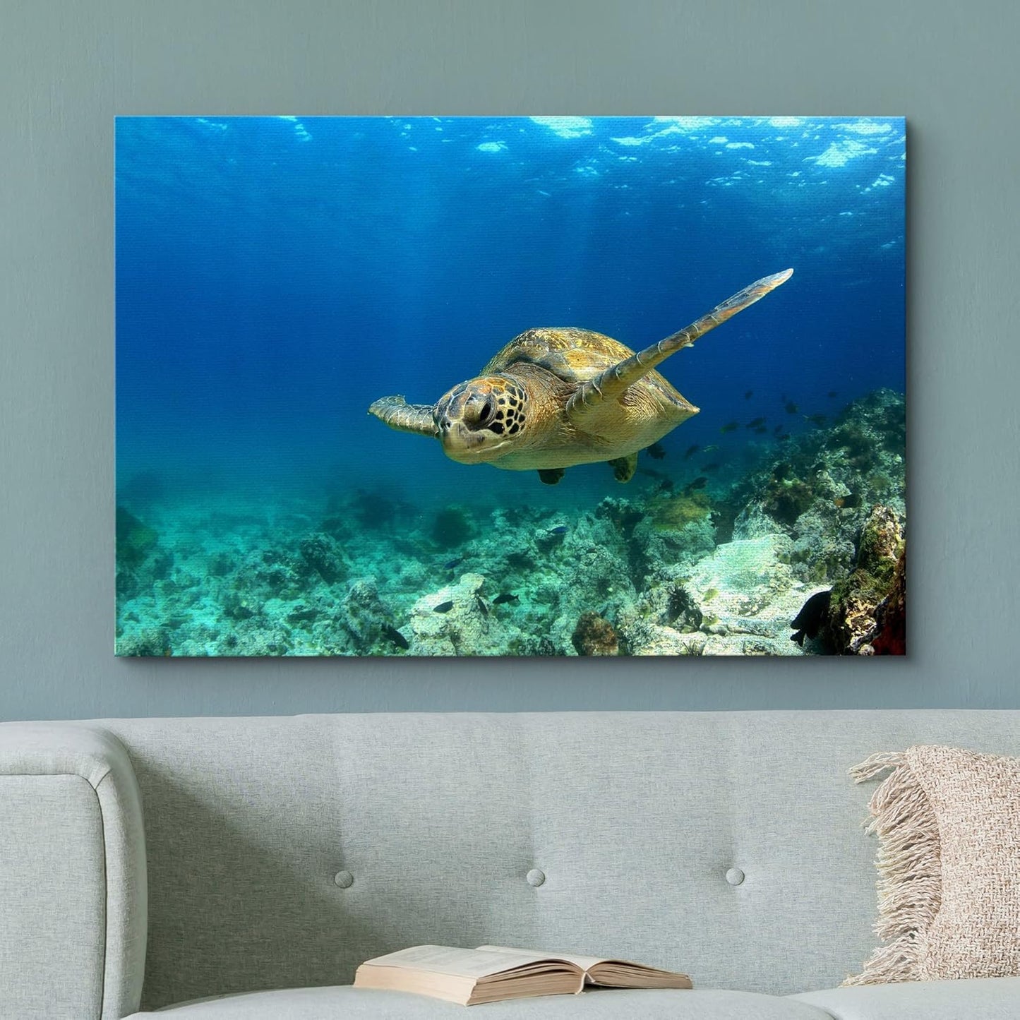 wall26 - Green Sea Turtle in Deep Ocean Sea Canvas Art Wall Art - 32"x48"