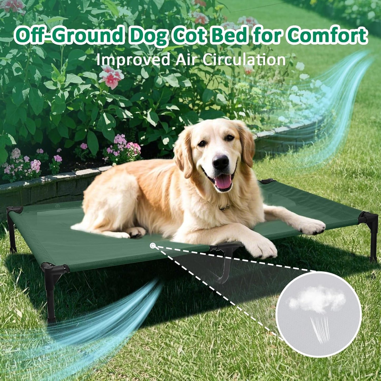51 Inch XL Elevated Cooling Dog Bed, XLarge Raised Bed for Dogs with Frame, Breathable Mesh and Anti-Slip Feet, Lifted Pet Cot Off Ground Outdoor (XL, Green)